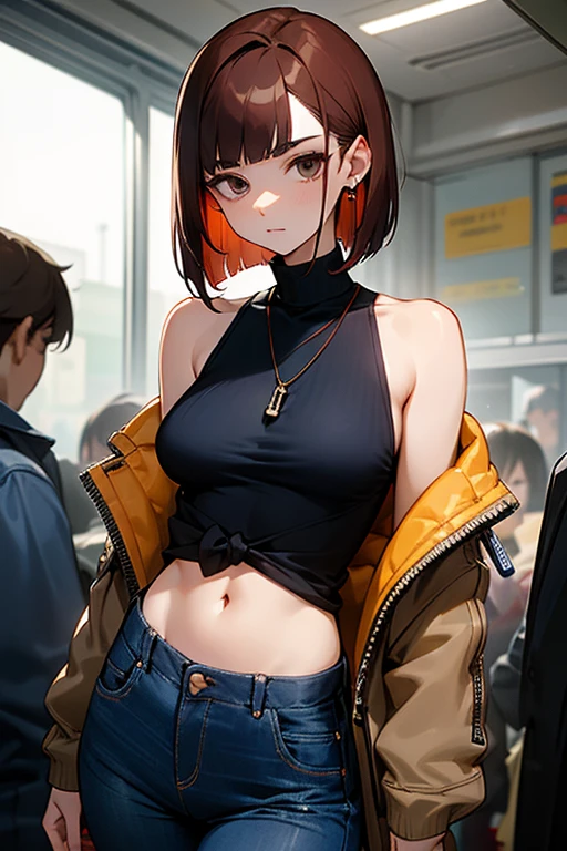 Reddish brown hair、Earrings、necklace、Sleeveless shirt、Shoulder Bare、turtleneck、sexy、Cowboy Shot、In a crowded train、Disheveled clothing、Office casual fashion、The inner string is visible、Asymmetrical design、Tight pants、Off-the-shoulder oversize short jacket、Voluminous bob cut、Asymmetrical hairstyle、High leg pants、jeans、Dark navy jeans、Sideboob、White top、Belly button、Trouser buttons and zippers are undone and open、