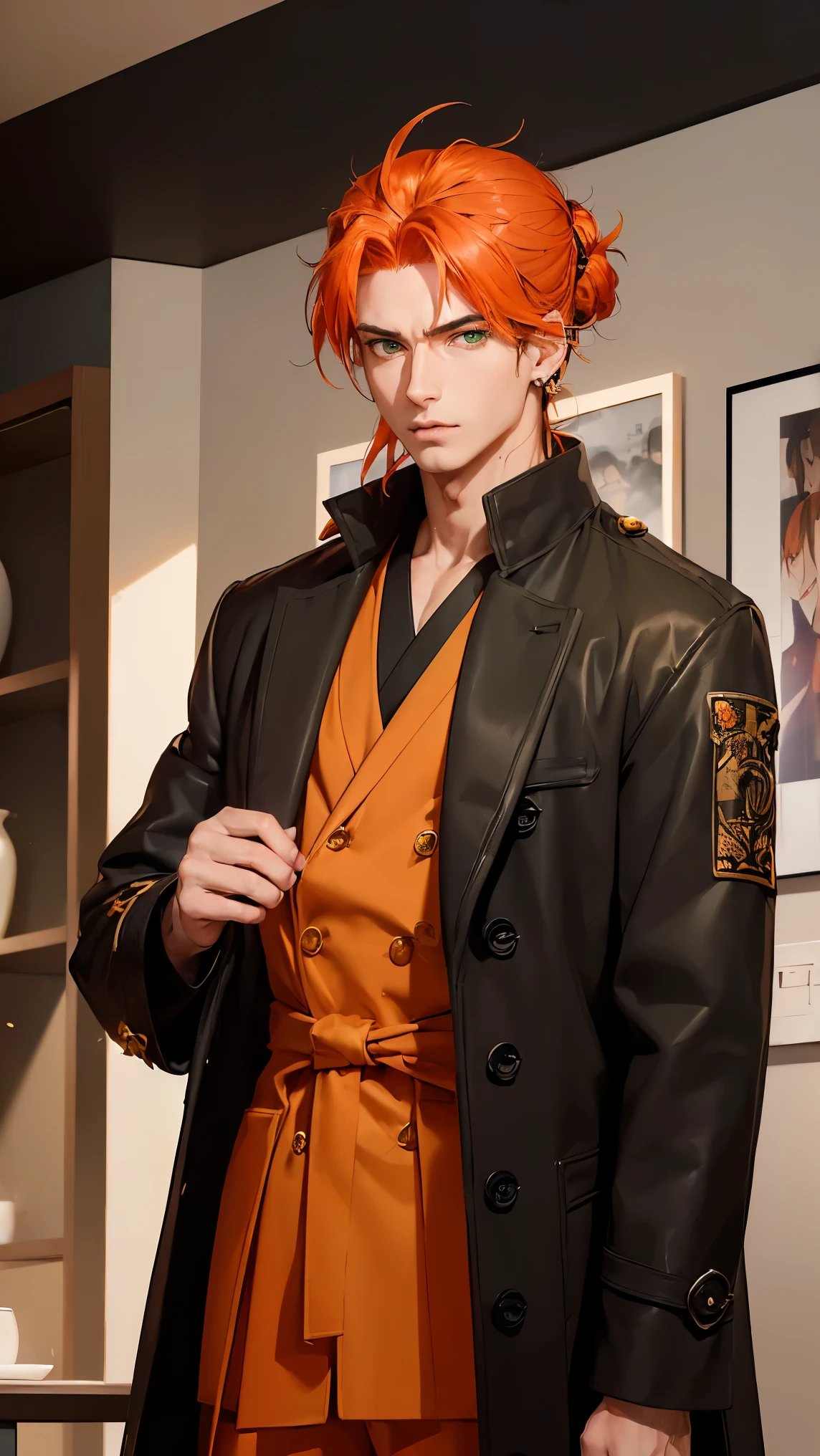 ((highest quality, masterpiece, 1 male, good looking, male, Adult male, 年上のmale性, Broad shoulders, Tall((Big Hair)), Looking at the audience ((Green Eyes)), ((Orange Hair, Hair tied up), Are standing, Earrings, Aged face, Adult, anime version, black Coat Outfit, 背が高いmale, anime, Coat Outfit, Show the whole character