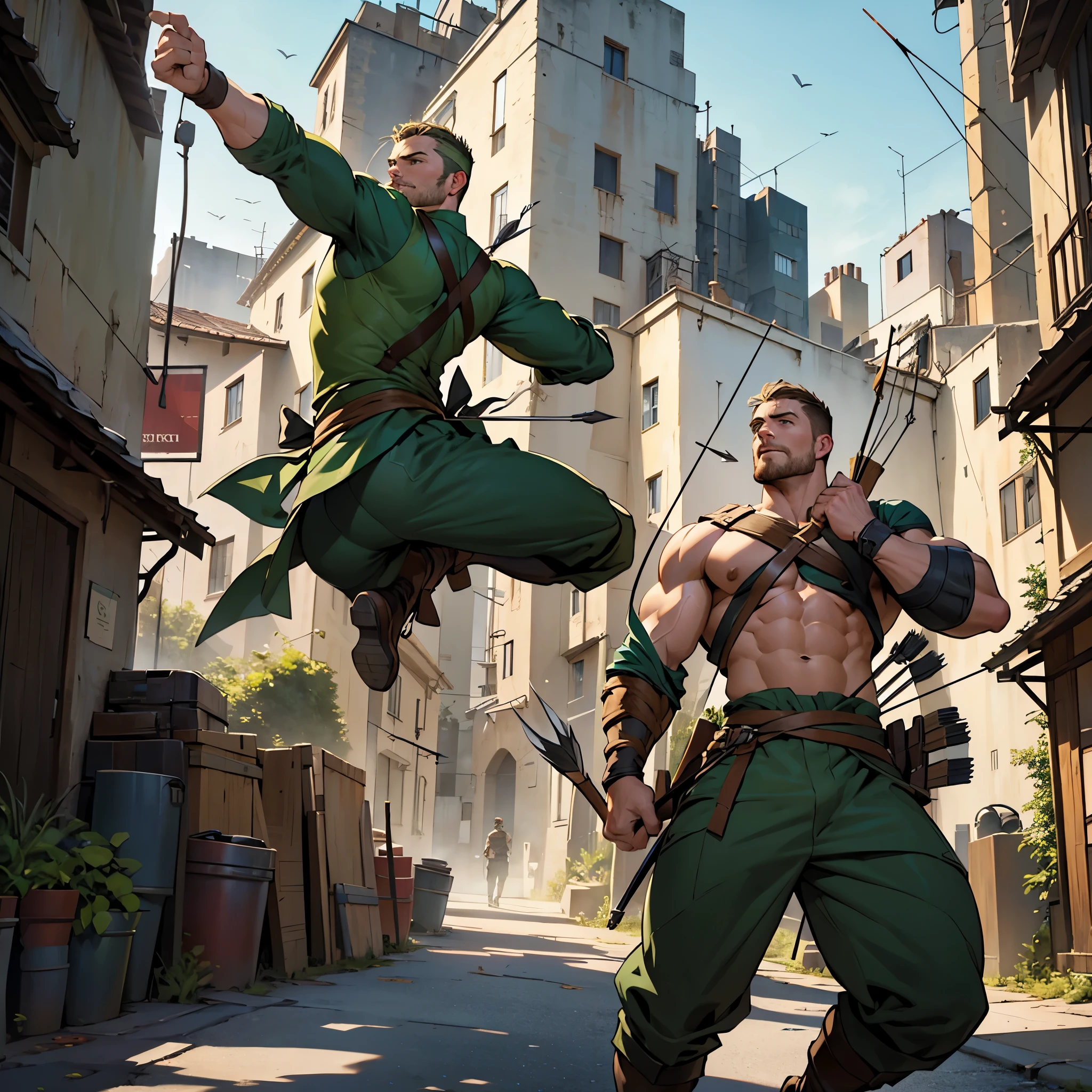 In movement ,in action , 8k, high quality , very well detailed face , detailed fingers ,detailed muscles, detailed background,  stephen amell as green arrow , wearing dark green outfit, showing a dark blond short hair WITH FADE AWAY , a well groomed facial hair , a bulge ,hunk and handsome, using his bow and arrow , aiming with his bow and arrow toward the ennemy,in action , jumping from roof to roof , in the air  , with the quiver on his back full of arrows, background cityscape at DAY LIGHT 