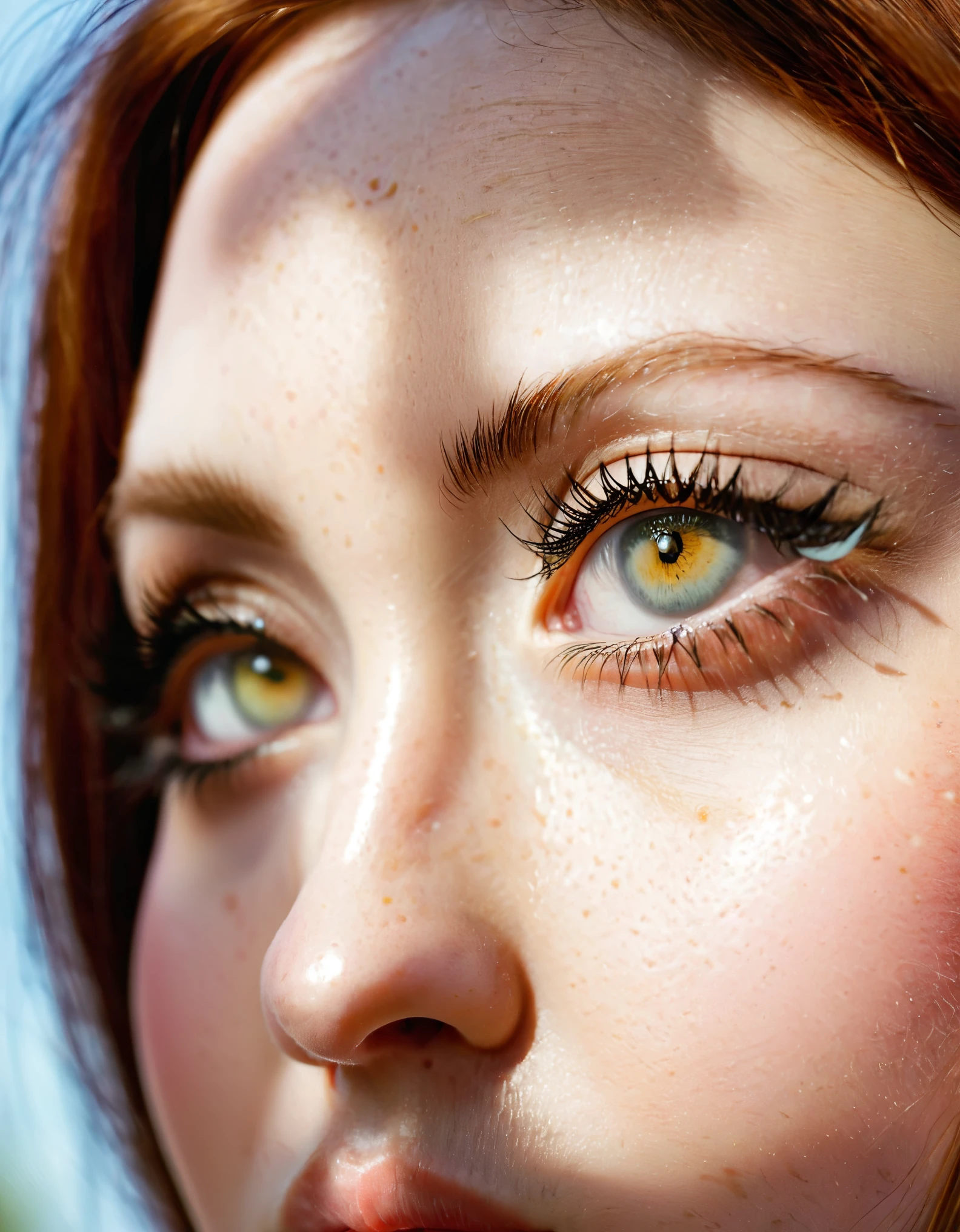 close up photography of very beautiful realistic girl, glaring, (look of disgust, disgusted look), highly detailed eyes, highly detailed eyelashes, ((wrinkling between eyebrows)), porcelain skin, very fair skin, very pale skin, redhead,, detail freckles skin, hazel eyes, slanted eyes, small nose, small nostril, thick curved eyebrow, thick bottom lip, seductive disgusting gaze, detail photo, realistic photo, master piece picture, sharp picture, outdoor clear daylight,(viewed from side:1.5), (looking at viewer:2.0)