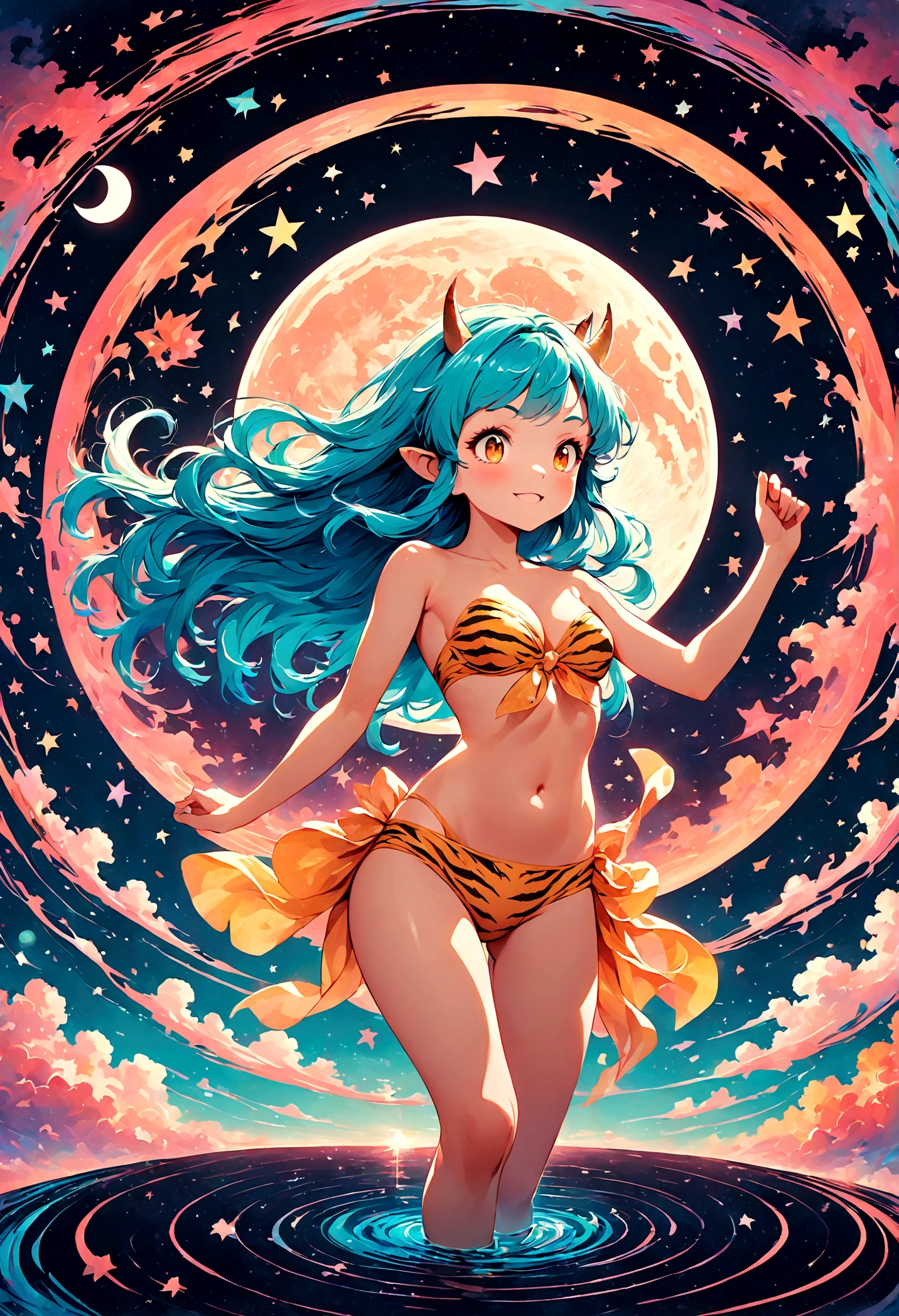 takahashi rumiko style,(1 girl,Lum,long hair,bangs,blue hair,orange eyes,horns,pointy ears,aqua hair,oni horns,(eyeshadow),navel, cleavage, swimsuit, bikini, strapless, animal print, yellow bikini, tiger print, strapless bikini,,the character Lum from "Urusei Yatsura",girly,bright smile,fine,Lum is floating in the air,(Jump:1.3),Bright and cheerful atmosphere,BREAK,(Creates a POP illustration style background,Background elements such as space or a starry sky,Outer space with the moon and stars floating in it,rich colors,colorful,(shooting star),draw with thick lines,Sparkling,unbelievably absurd,zentangle elements,vector art),beautiful light and shadow,BREAK,(masterpiece:1.3),(highest quality:1.4),(ultra detailed:1.5),High resolution,extremely detailed,unity 8k wallpaper,(complicated details),absurdity,(Glitter),anatomically correct,cute