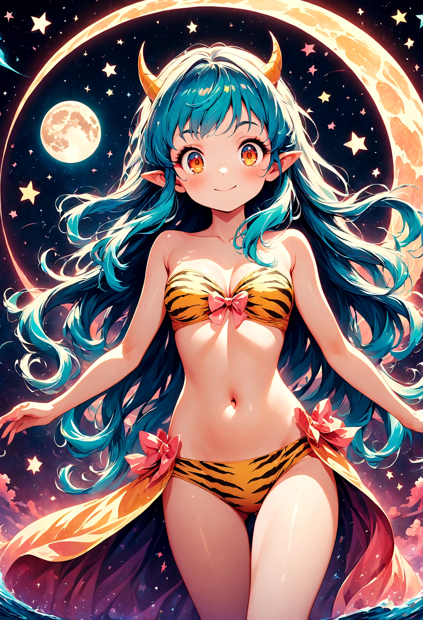 takahashi rumiko style,(1 girl,Lum,long hair,bangs,blue hair,orange eyes,horns,pointy ears,aqua hair,oni horns,(eyeshadow),navel, cleavage, swimsuit, bikini, strapless, animal print, yellow bikini, tiger print, strapless bikini,,the character Lum from "Urusei Yatsura",girly,bright smile,fine,Lum is floating in the air,(Jump:1.3),Bright and cheerful atmosphere,BREAK,(Creates a POP illustration style background,Background elements such as space or a starry sky,Outer space with the moon and stars floating in it,rich colors,colorful,(shooting star),draw with thick lines,Sparkling,unbelievably absurd,zentangle elements,vector art),beautiful light and shadow,BREAK,(masterpiece:1.3),(highest quality:1.4),(ultra detailed:1.5),High resolution,extremely detailed,unity 8k wallpaper,(complicated details),absurdity,(Glitter),anatomically correct,cute