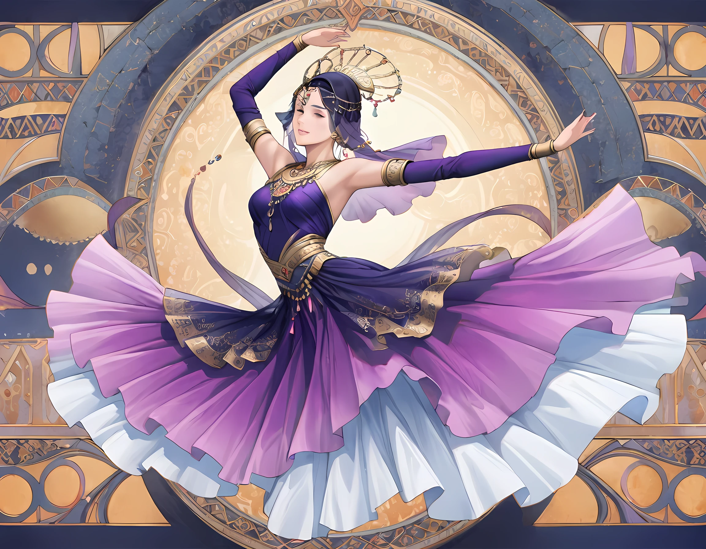 A Middle Eastern dancer in traditional attire performing a dance. She is wearing a vibrant, flowing dress with intricate patterns and designs, along with a headpiece adorned with jewels. Her movements are graceful and expressive, capturing the essence of Middle Eastern dance. The background features an ornate, historical setting with arches and mosaic tiles.