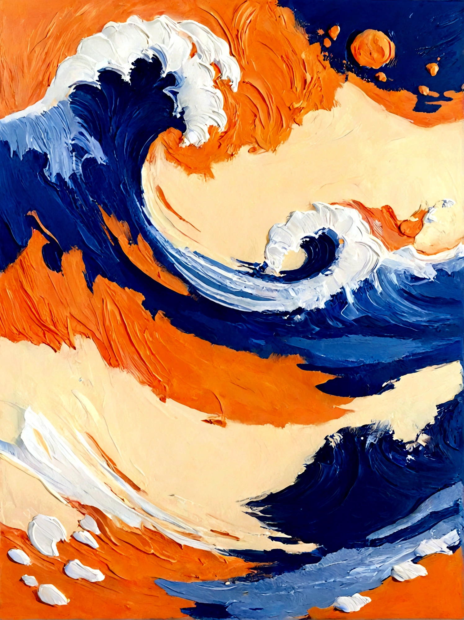 Big Wave，Huge waves，Sea waves，real，bright，orange color，Blue Background，vanilla，cream，whiskey，emotion，emotion，Thick textured paint, 