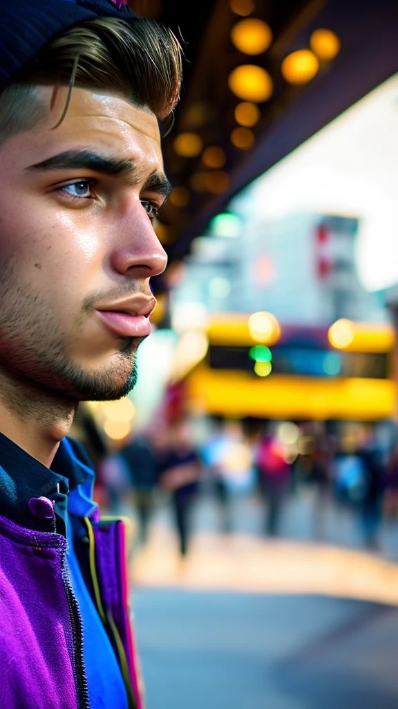 a young man glaring at people with disgust, street scene, highly detailed facial features, angry expression, intense eyes, detailed clothing, urban environment, realistic lighting and textures, cinematic composition, dramatic lighting, moody atmosphere, vibrant colors, 4k, ultra-detailed, photorealistic, masterpiece