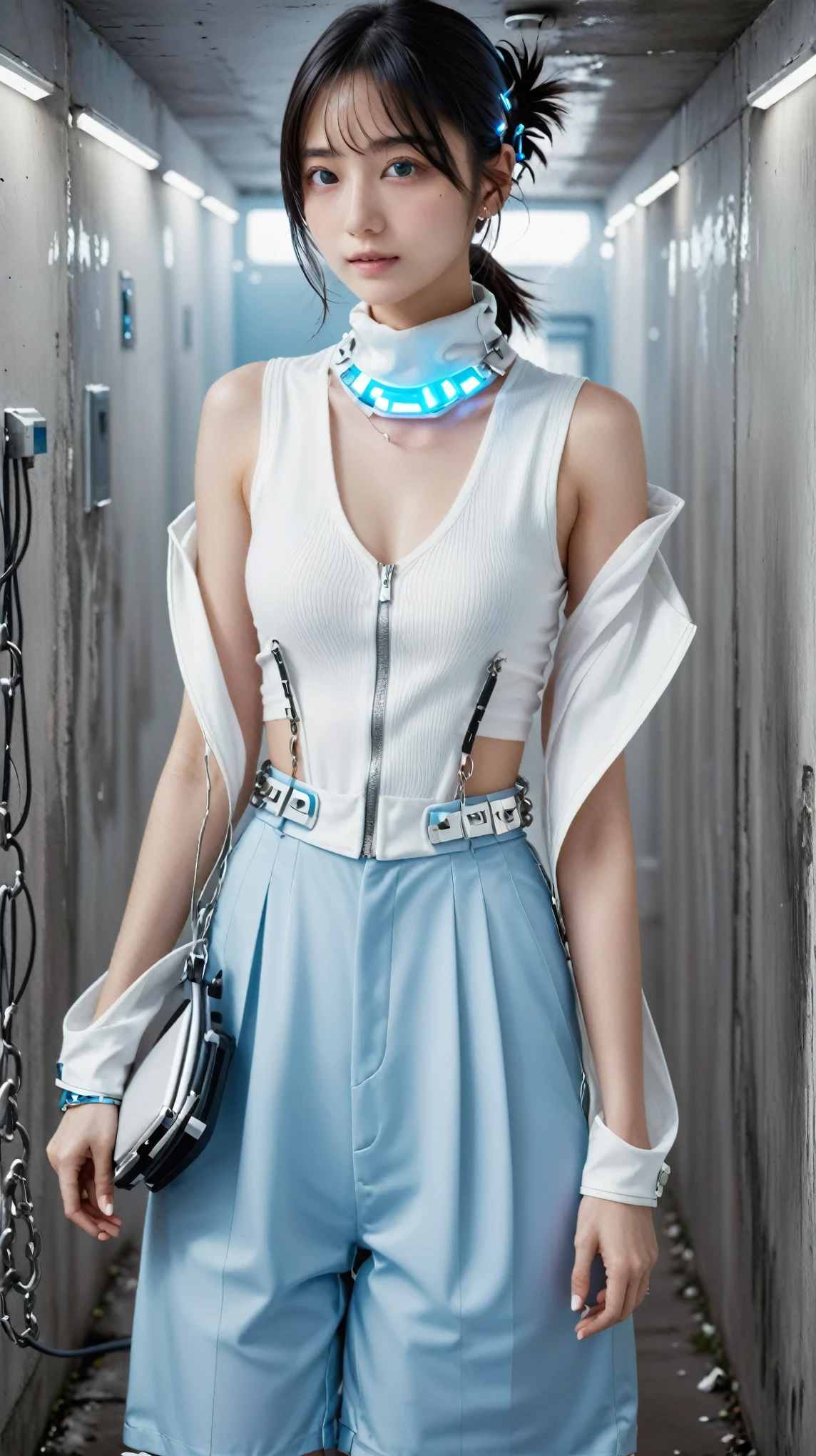 (masterpiece, best quality, Ultra Detailed, Surreal Luna Girl:1.3), The art of math, rest beautiful Pretty Japanese ig model, (Attractive figure:1.2), Whole body beauty, Happy, (random wide angle, full-body shot, Full body in frame:1.5), No parts are cut off, Show the whole leg, Knees and feet visible, (sit, Model posing:1.2), rest (Detailed breasts, Detailed body lines, Leg and calf details, Slender legs,Subtle muscle lines, Has a silky luster), (Waist is very thin, Firm big breasts, Big buttocks, Perfect legs:1.3), White, beautiful and silky skin, Neck is thin and short, (Small head, Small face), rest (Dress in detail, All body wear, Dress sexy:1.2), (High-tech future fashion:1.4), (Camisole fusion vest:1.3), (White high-tech hot pants, shorts:1.4), (Futuristic design thick-soled high-top sneakers:1.4), (Silver earrings:1.2), (Multiple silver chain necklace:1.3), (chunky silver bracelet stack:1.3), (silver metallic nail polish:1.2), (Futuristic latex visor:1.4), arranged white hair, rest Small head, Delicate face, cute and pretty (Slim oval face:1.3), Wide duckbill, half open mouth, Teeth perfectly aligned, Perfect beautiful teeth, Light blue eyes, eyes half open, Shiny droopy eyes, white hair, Find Other, (The interior of the future colony, The fog drifted away,Steam rises from concrete), April Rendering