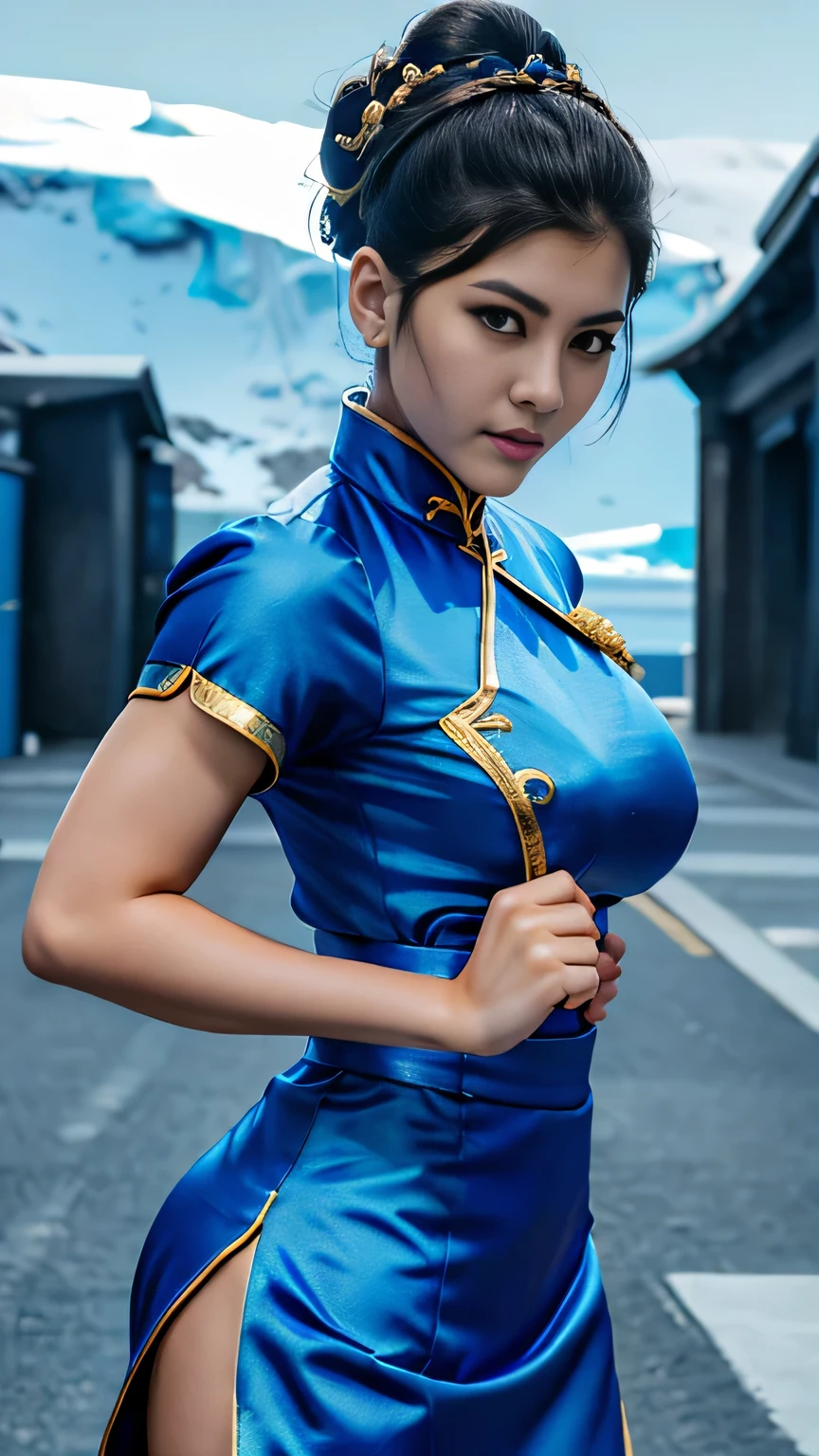 《Street Fight II》Chunli, Perfect Chunli Costume, Blue and gold Chinese dress, Bunhead, Combat Stance, High kick, kick、Please put your feet up, 1 beautiful girl、Beautiful Eyes、Detailed eyes, (reality: 1.4), Light、so beautiful、Beautiful Skin、Detailed skin, (Ultra-realistic)、(8k)、(Very detailed)、(Beautiful Eyes)、(Very detailed)、 (wall-)、Delicate face、Bright Light、Professional Lighting、direct view、Perfect Face, Perfect brown eyes with white sclera, Lonely, 1 girl, Upper Body, Brown Hair, Muscular woman, Blue clothes, Pelvic Curtain, Short sleeve, Good cover, evaluate: The line of sight is this、masterpiece, 最high quality, high quality, High resolution, Big Tits, (((Antarctic background)))