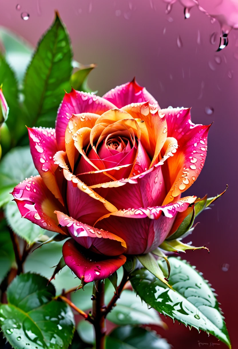  An enchanting psychodelic close-up of a rosebud after a refreshing rain shower, vivid and vibrant petals adorned with crystal-clear water droplets, each drop reflecting the surrounding light, highlighting the delicate texture and the intensity of colors, Photography, prime lens 

