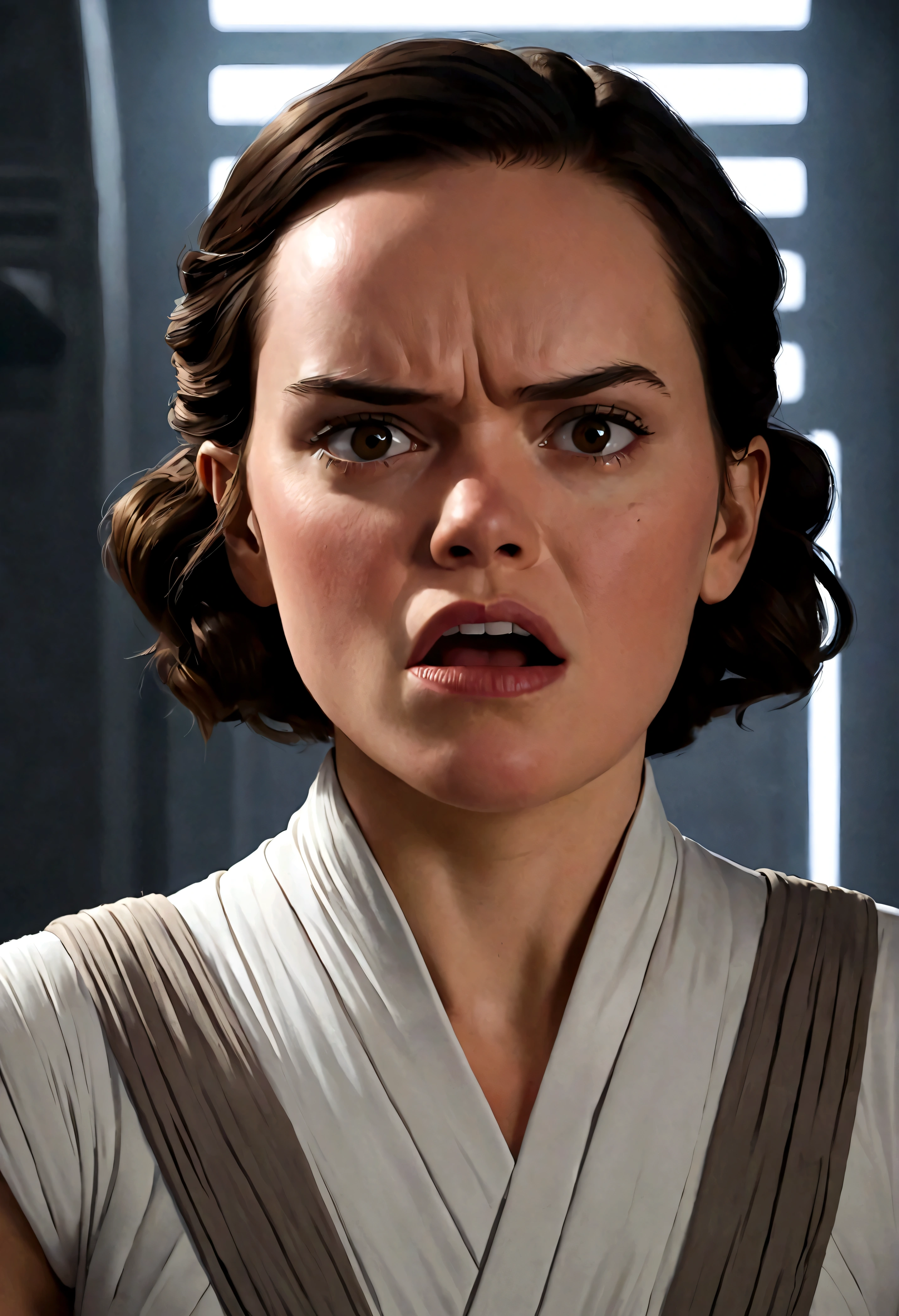 Daisy Ridley as Star Wars Ray is making a disgusted face