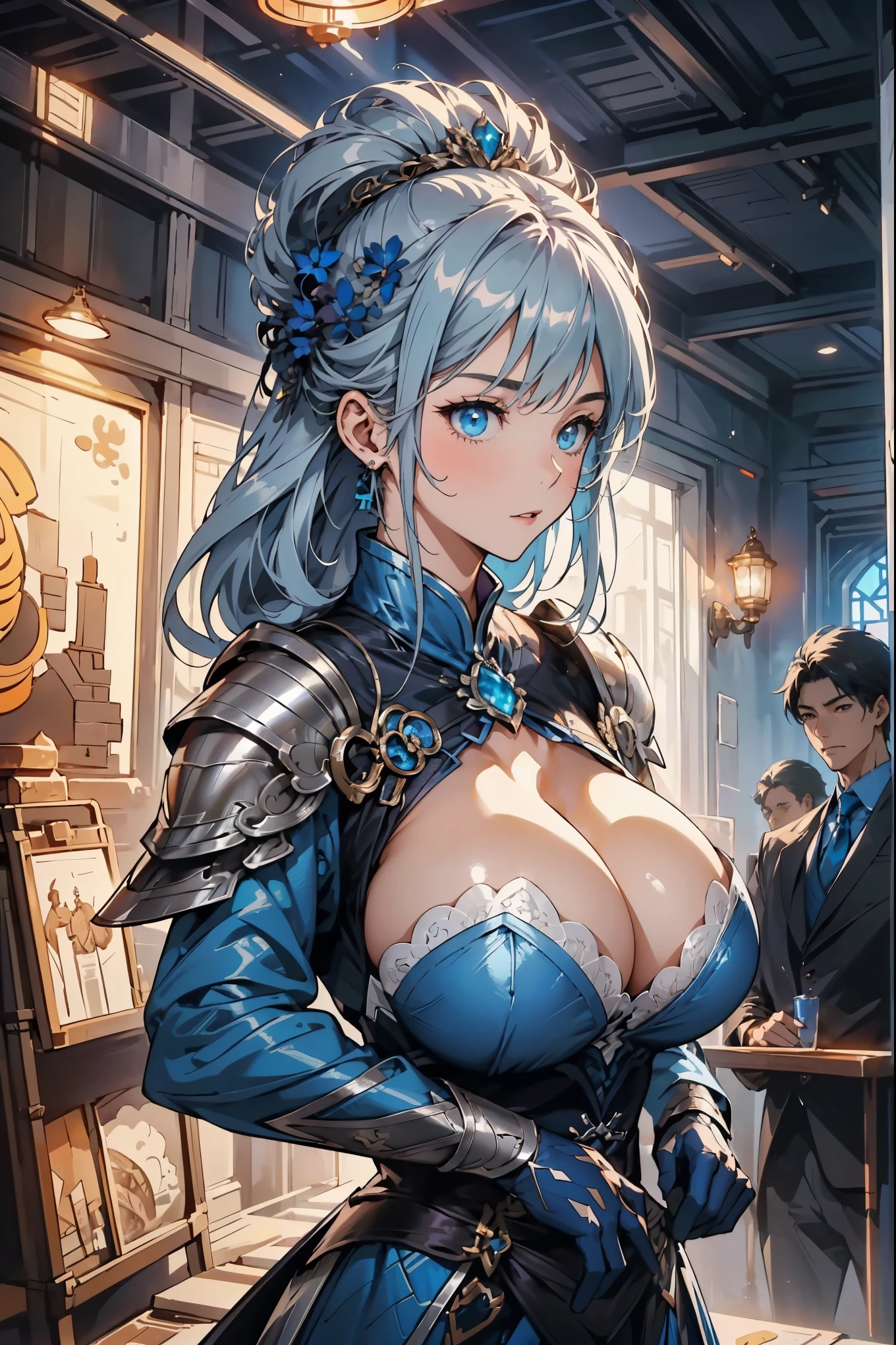 Close-up shot of woman in silver and blue dress, Pan Chengwei at Art Station, Jane J., Detailed fantasy art, Amazing character art, Best Art Sites for Fan Art, Magnificent and exquisite character art, Beautiful armor, A work of art with exquisite details, Detailed digital animation art, artgermのartstation pixiv, Girl in armor,huge , Crazy breast swelling, Chest larger than shoulder blades, Big breasts and thin waist,(huge breasts:1.2),Hydrated skin((rogue))((非常huge乳房)),((Grooves reveal original skin))
