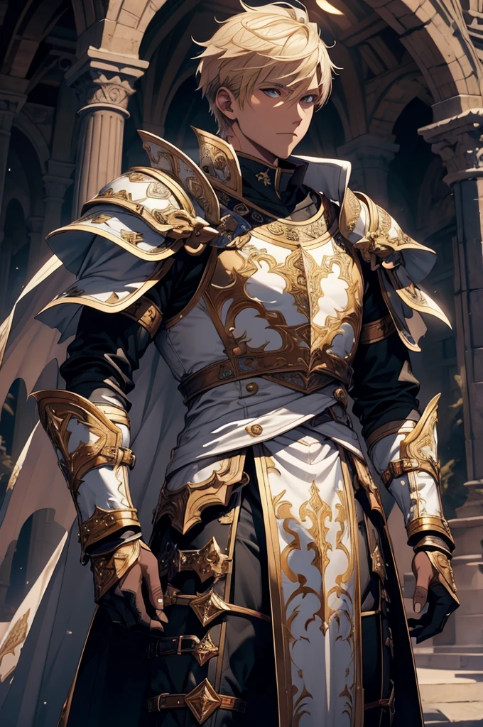 white man, blond hair, brown eyes, short hair, with white clothes, on top of the white clothes he wears armor decorated in black, on both arms he has bracelets decorated in black, he wears a white cape, the cape has a drawing of a dragon in the middle in black, on the edges of the cover there is a black outline, the cover covers both shoulders, scenery and the night sky with stars.