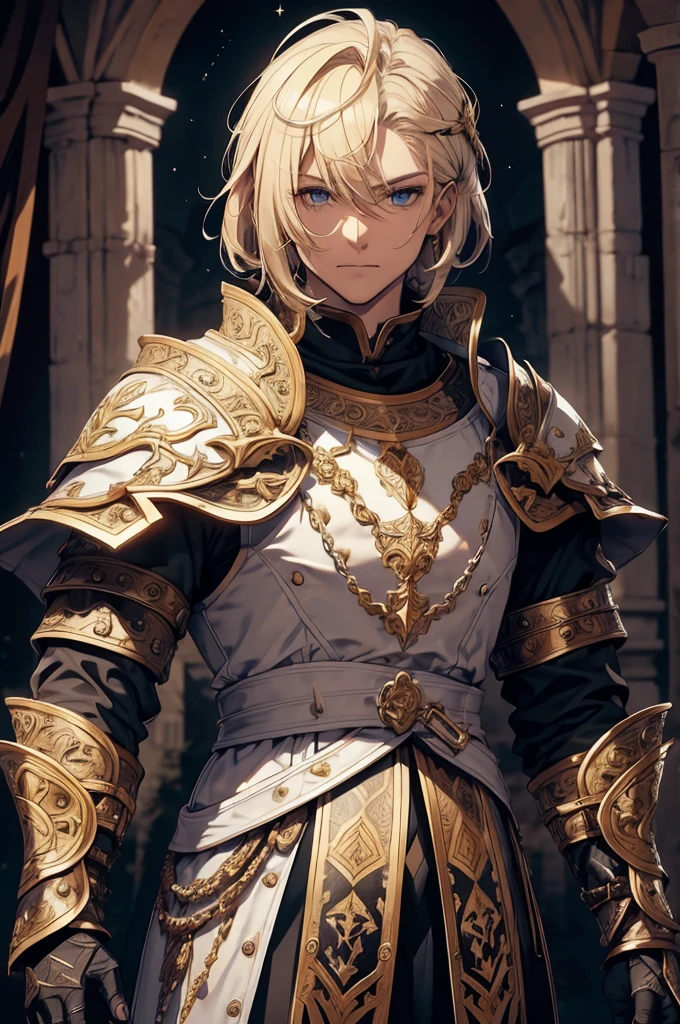 white man, blond hair, brown eyes, short hair, with white clothes, on top of the white clothes he wears armor decorated in black, on both arms he has bracelets decorated in black, he wears a white cape, the cape has a drawing of a dragon in the middle in black, on the edges of the cover there is a black outline, the cover covers both shoulders, scenery and the night sky with stars.