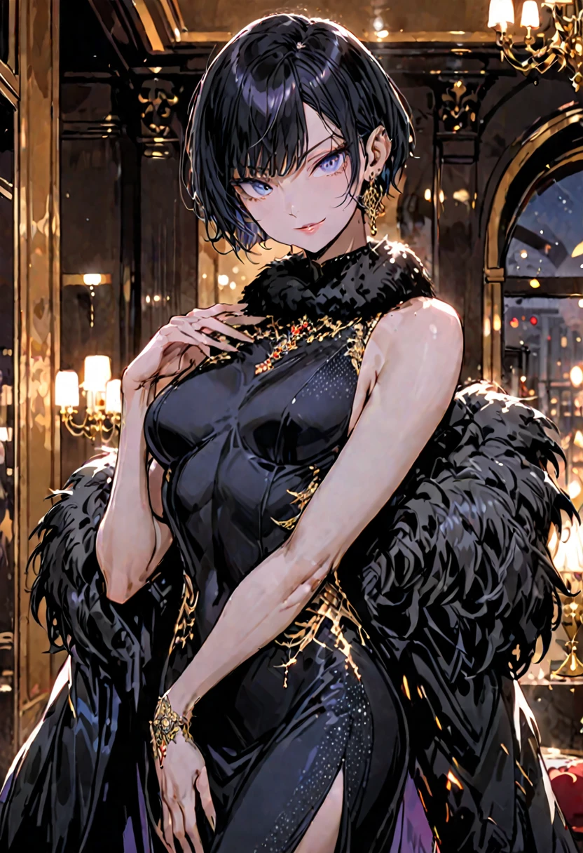solo, female, seductive smile, gold jewelry, black hair styled in a short pixie cut, deep blue eyes, pale complexion, toned yet curvaceous physique, 170cm tall, black gown that accentuates her assets, sharp features, well-defined abs, perky breasts, hotel, elegant, slender, fur scarf, luxurious, classy dress, fluffy fan, smirk, fan pose