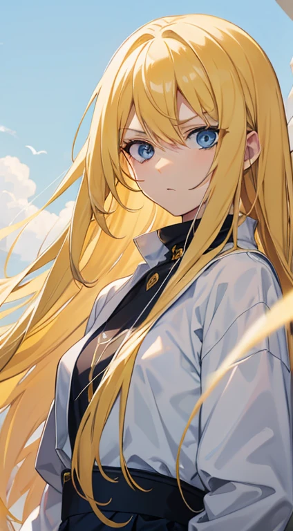 blue eyes,alone,long hair, yellow hair, serious face,Lab, masterpiece, extremely beautiful, outdoors
