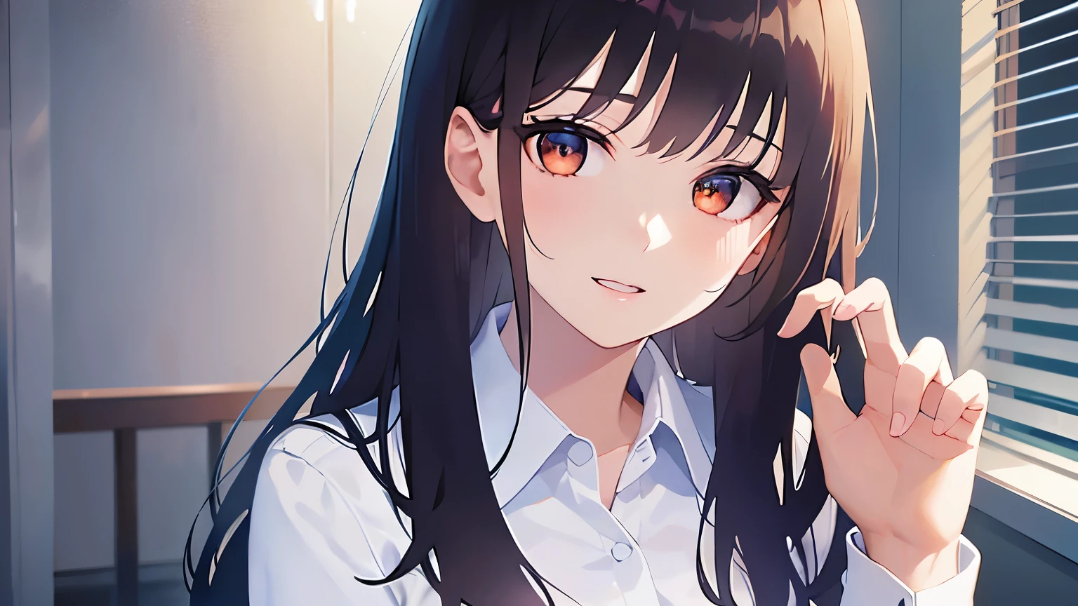 Waving hand,Upper Body, Realistic, real person, (pale skin: 1.2), RAW photo, photorealistic, shiny skin, shiny hair、(A 25-year-old woman with medium-length hair and bangs) and (wavy hair) and (brown hair) and (orange eyes) , (business suit:1.5)and (Wearing a white collared shirt)、 smile, Background in the office、Alone、Are standing、Biologically correct5Finger