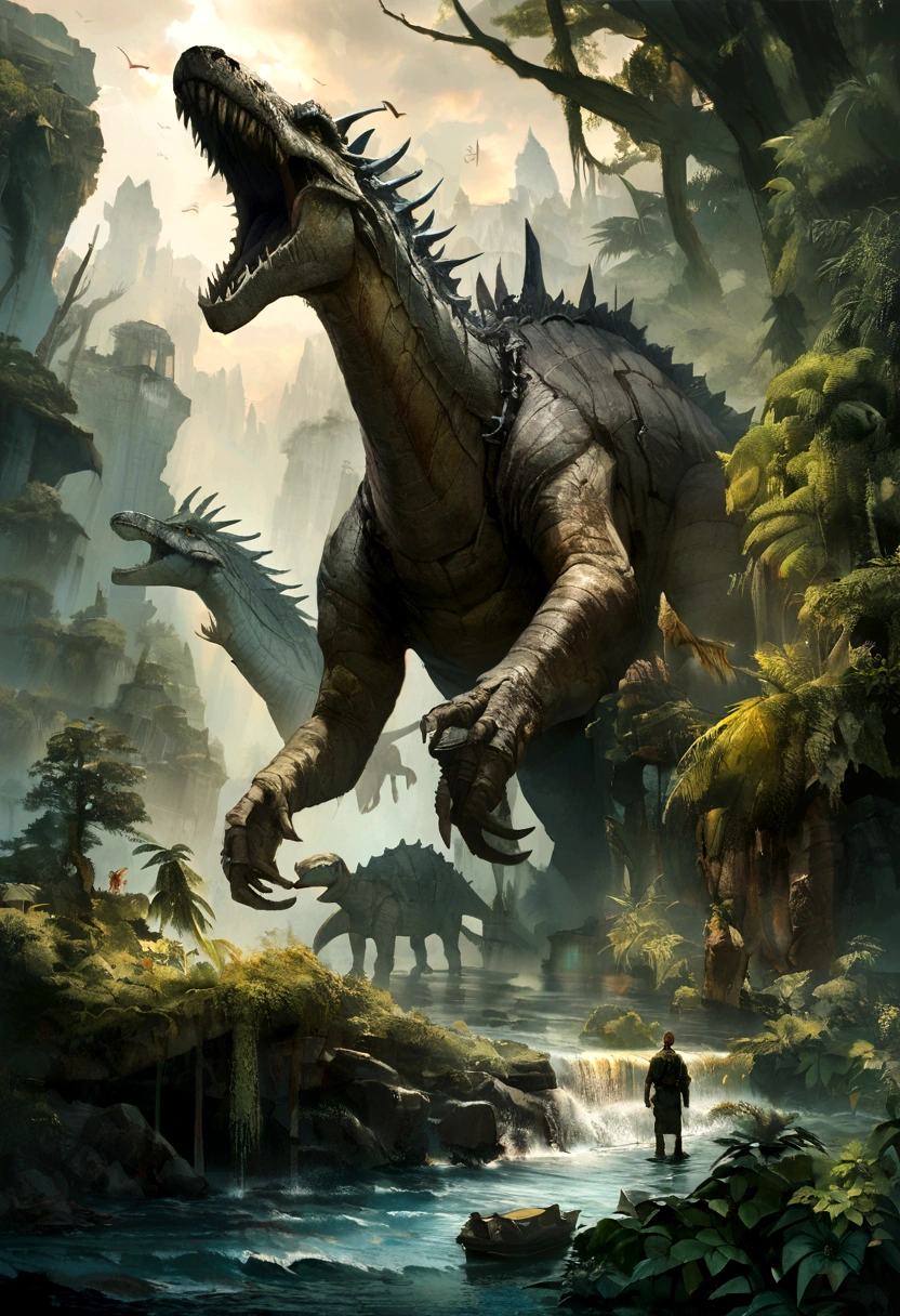 Dinosaurs resist waves,jungle,Super Large Reality,universe、Ancient