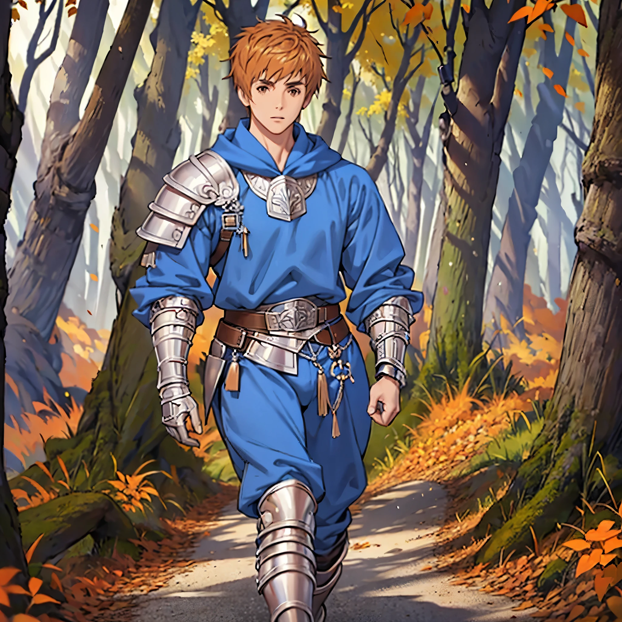 A man with caramel hair, long-sleeved blue shirt, silver bracelet, silver chestplate, silver body armor, silver metal boots, brown pants, brown eyes, holding a metal sword, walking in a medieval forest in autumn weather, blue sky,,(solo woman),flower, UHD, masterpiece, accurate, anatomically correct, textured skin, super detail, high quality, best quality, 8k, high resolution, bokeh effect.
