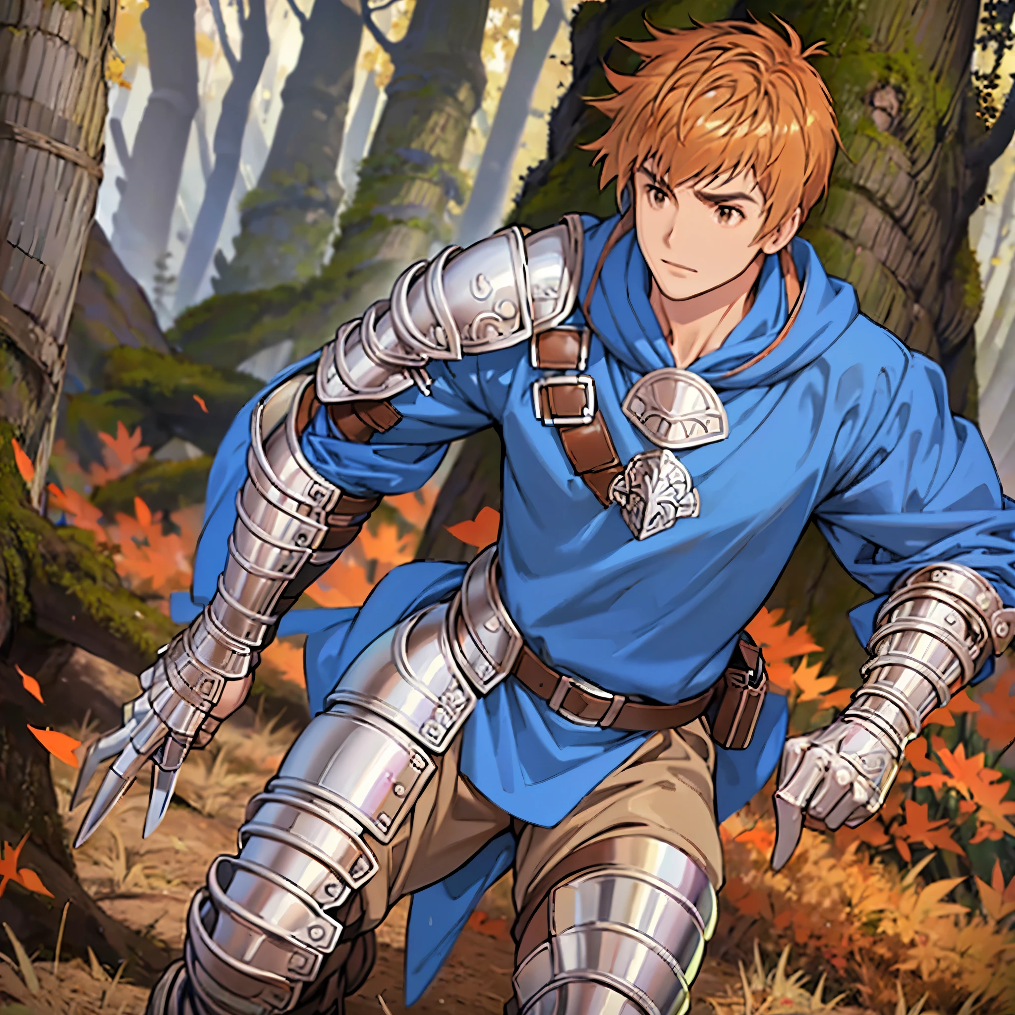 A man with caramel hair, long-sleeved blue shirt, silver bracelet, silver chestplate, silver body armor, silver metal boots, brown pants, brown eyes, holding a metal sword, walking in a medieval forest in autumn weather, blue sky,,(solo woman),flower, UHD, masterpiece, accurate, anatomically correct, textured skin, super detail, high quality, best quality, 8k, high resolution, bokeh effect.
