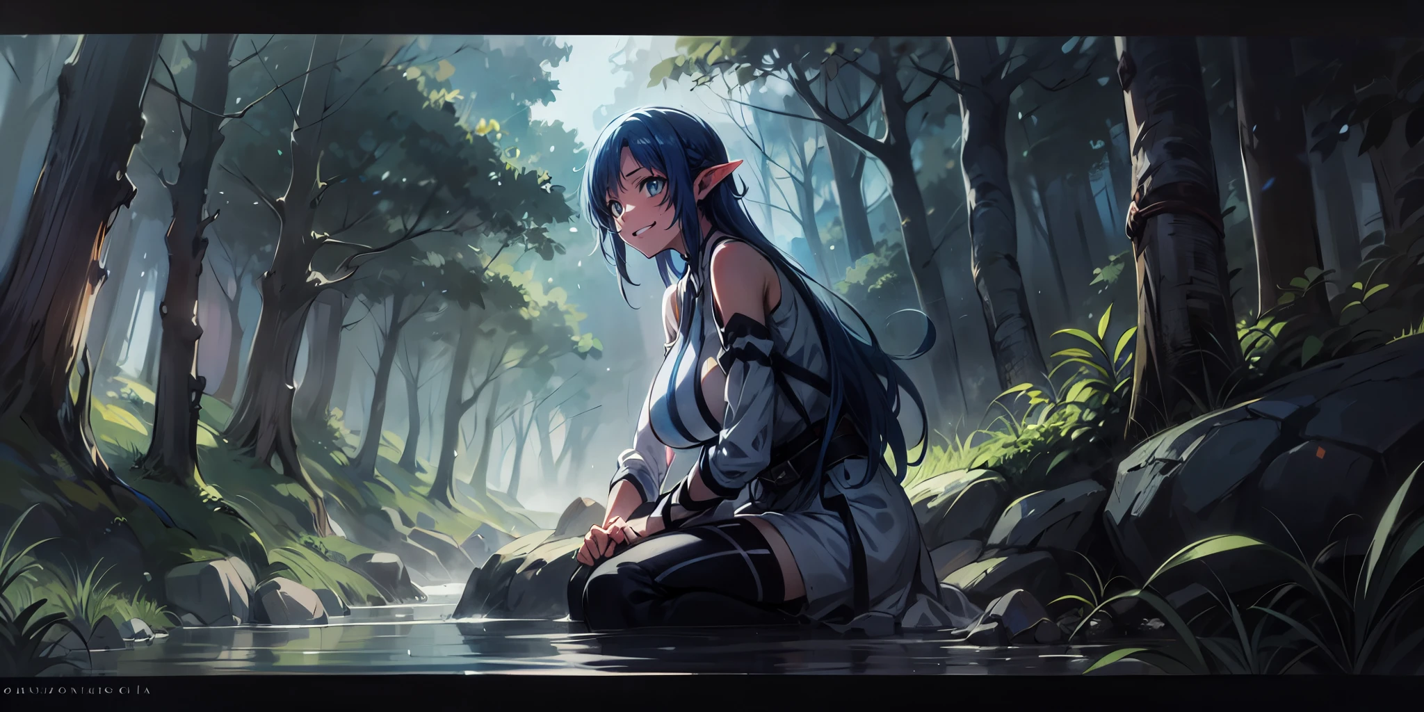 pointy ears, (mature female, huge breast:1.3), a woman sitting on a stone wall in a park, an anime drawing inspired by Makoto Shinkai, cgsociety contest winner, conceptual art, anime style 4 k, realistic anime 3 d style, smooth anime cg art, bokeh, forest, spotlight, fog, water, brush, rock, tree, (cinematic:1.3) sweating, steaming body, fog