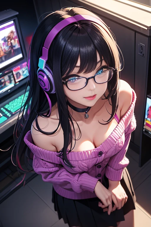 ((best quality)), ((masterpiece)), ((detailed eyes and face)), POV view from above, perfect face, female, gamer girl, aqua eyes, cherry-red lips, light smile, long black hair, purple streaked hair, purple highlights, wearing headphones, bangs with purple highlights, ribbon, choker, nerdy glasses, white off-shoulder sweater, black skirt, thigh-highs, nighttime, neon lights in the background, colorful lights