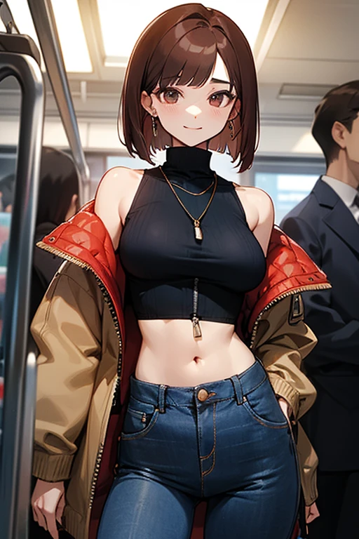 Reddish brown hair、Earrings、necklace、Sleeveless shirt、Shoulder Bare、Zip-up turtleneck、sexy、Cowboy Shot、In a crowded train、Disheveled clothing、Office casual fashion、The inner string is visible、Asymmetrical design、Tight pants、Off-the-shoulder oversize short jacket、Voluminous bob cut、Asymmetrical hairstyle、High leg pants、jeans、Dark navy jeans、Sideboob、White top、Belly button、Trouser buttons and zippers are undone and open、smile、The pants are unbuttoned、The trousers zipper is open、Underboob、Frills、Underboob