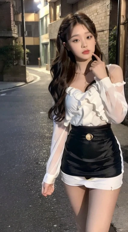 ((best quality, 8K, masterpiece: 1.3)), (Cute hairpin: 1.3), focus: 1.2, Perfect body beauty: 1.4, Hips: 1.2, Very large breasts: 1.4 ((Layered Hairstyle: 1.2)), , (Dark Street: 1.3), Highly detailed face and skin textures, whole body, Delicateeyes, Double eyelids, Skin Whitening, Very long white slightly curly hair, (Oval face: 1.5), (Short skirt: 1.6),Each one is different