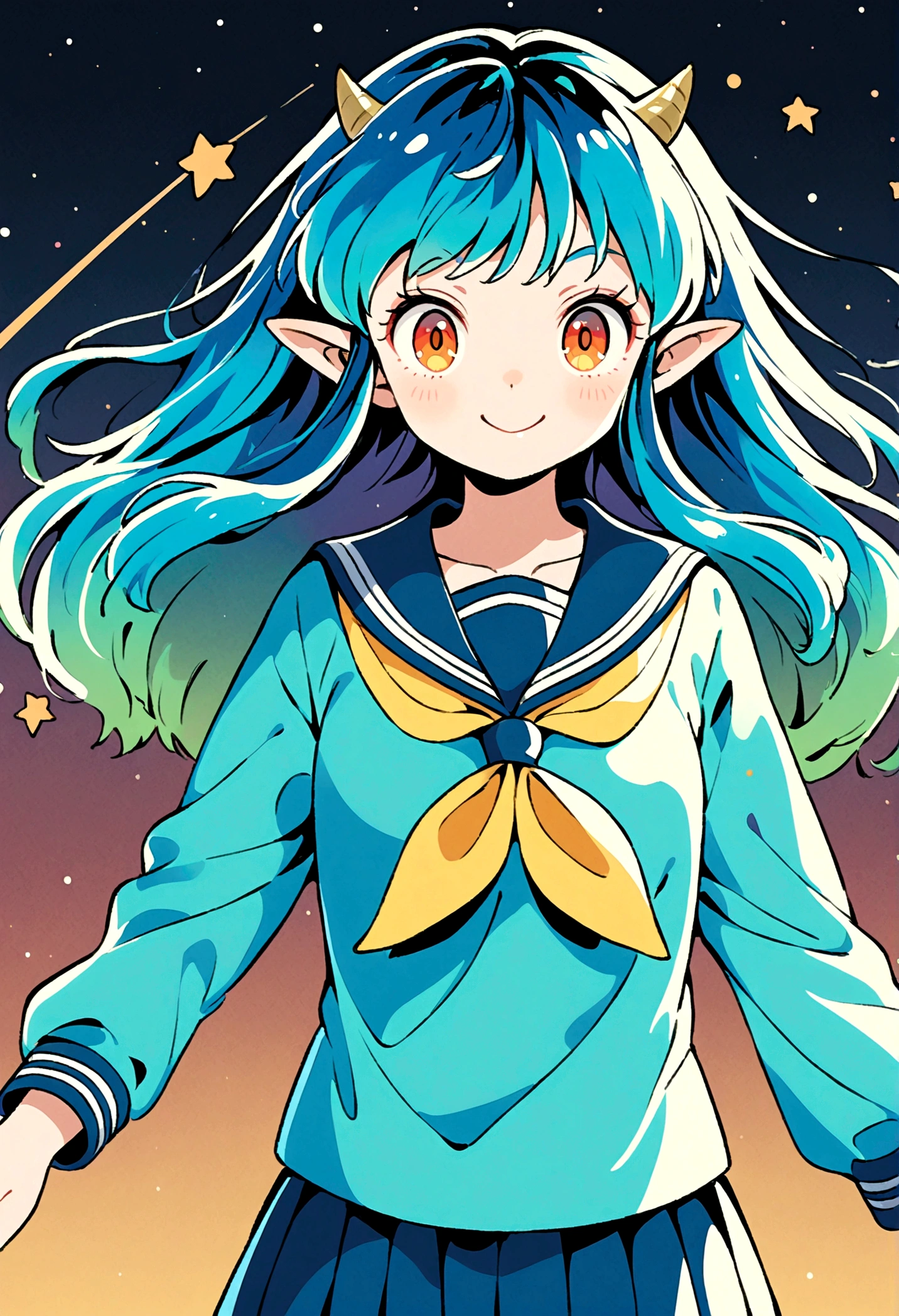 takahashi rumiko style,(1 girl,Lum,long hair,bangs,blue hair,orange eyes,horns,pointy ears,aqua hair,oni horns,(eyeshadow),(shirt,long sleeves,sailor suit,sailor collar,neckerchief,yellow neckerchief,blue shirt,blue sailor collar,blue skirt),the character Lum from "Urusei Yatsura",girly,bright smile,fine,Lum is floating in the air,(Jump:1.3),Bright and cheerful atmosphere,BREAK,(Creates a POP illustration style background,Background elements such as space or a starry sky,Outer space with the moon and stars floating in it,rich colors,colorful,(shooting star),draw with thick lines,Sparkling,unbelievably absurd,zentangle elements,vector art),beautiful light and shadow,BREAK,(masterpiece:1.3),(highest quality:1.4),(ultra detailed:1.5),High resolution,extremely detailed,unity 8k wallpaper,(complicated details),absurdity,(Glitter),anatomically correct,cute