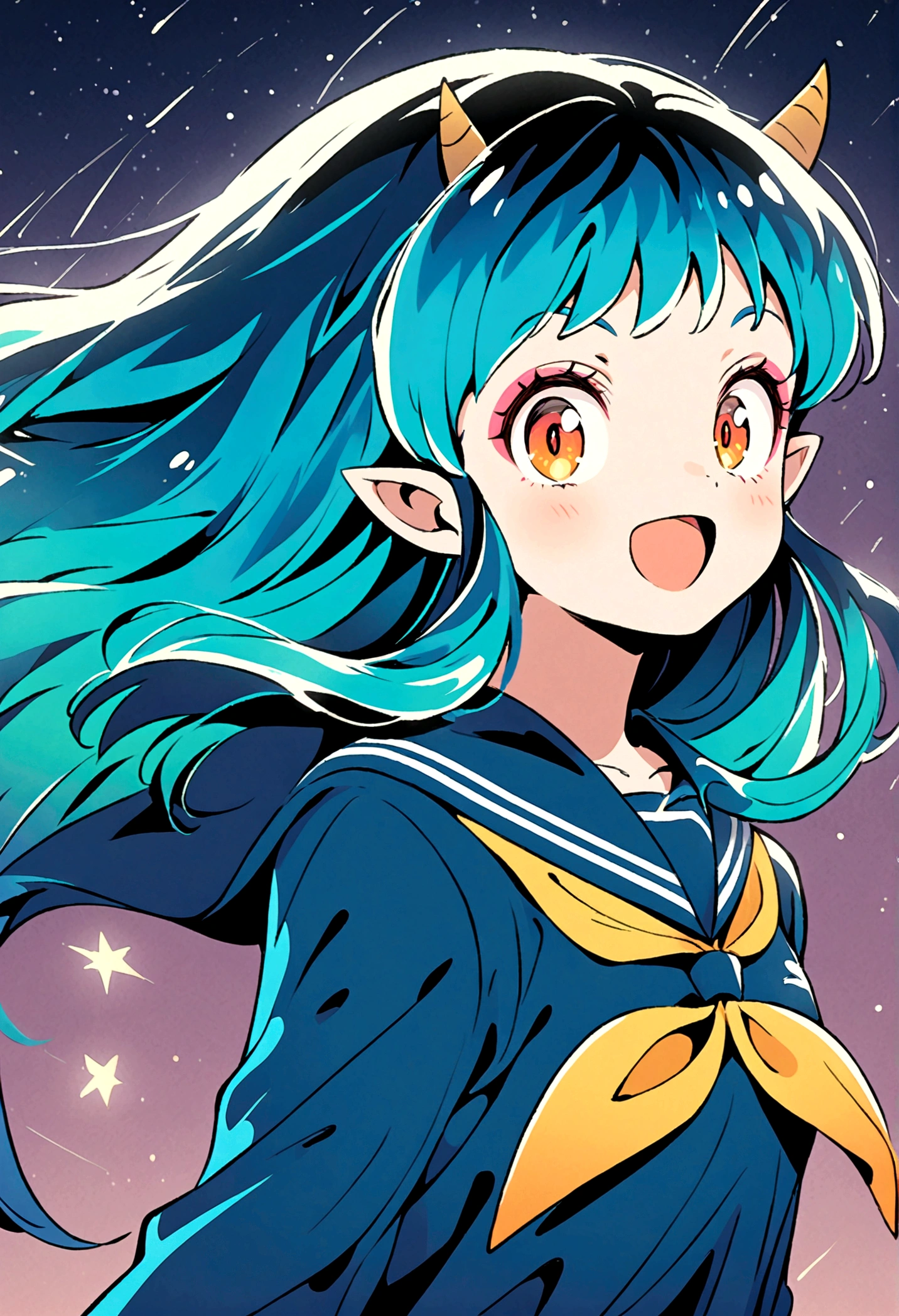 takahashi rumiko style,(1 girl,Lum,long hair,bangs,blue hair,orange eyes,horns,pointy ears,aqua hair,oni horns,(eyeshadow),(shirt,long sleeves,sailor suit,sailor collar,neckerchief,yellow neckerchief,blue shirt,blue sailor collar,blue skirt),the character Lum from "Urusei Yatsura",girly,bright smile,fine,Lum is floating in the air,(Jump:1.3),Bright and cheerful atmosphere,BREAK,(Creates a POP illustration style background,Background elements such as space or a starry sky,Outer space with the moon and stars floating in it,rich colors,colorful,(shooting star),draw with thick lines,Sparkling,unbelievably absurd,zentangle elements,vector art),beautiful light and shadow,BREAK,(masterpiece:1.3),(highest quality:1.4),(ultra detailed:1.5),High resolution,extremely detailed,unity 8k wallpaper,(complicated details),absurdity,(Glitter),anatomically correct,cute