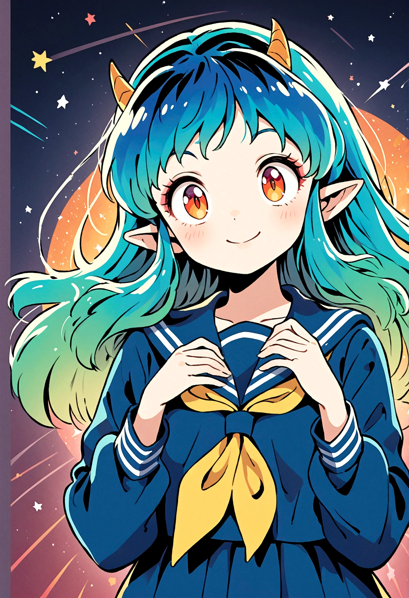 takahashi rumiko style,(1 girl,Lum,long hair,bangs,blue hair,orange eyes,horns,pointy ears,aqua hair,oni horns,(eyeshadow),(shirt,long sleeves,sailor suit,sailor collar,neckerchief,yellow neckerchief,blue shirt,blue sailor collar,blue skirt),the character Lum from "Urusei Yatsura",girly,bright smile,fine,Lum is floating in the air,(Jump:1.3),Bright and cheerful atmosphere,BREAK,(Creates a POP illustration style background,Background elements such as space or a starry sky,Outer space with the moon and stars floating in it,rich colors,colorful,(shooting star),draw with thick lines,Sparkling,unbelievably absurd,zentangle elements,vector art),beautiful light and shadow,BREAK,(masterpiece:1.3),(highest quality:1.4),(ultra detailed:1.5),High resolution,extremely detailed,unity 8k wallpaper,(complicated details),absurdity,(Glitter),anatomically correct,cute