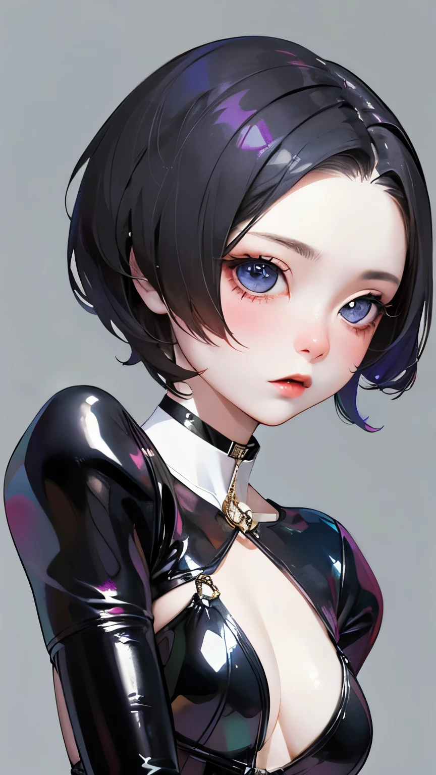 masterpiece, highest quality, 1. woman, , pretty girl,Made of form fitting latex、((short hair)), Surrealism、Simple Background、Solid color background、