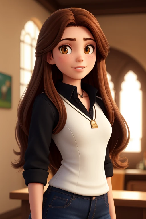 an 18 year old woman, with long brown hair, cara redonda, sonrisa encantandora, y ojos negros, con un collar de la virgen , haciendo una nota