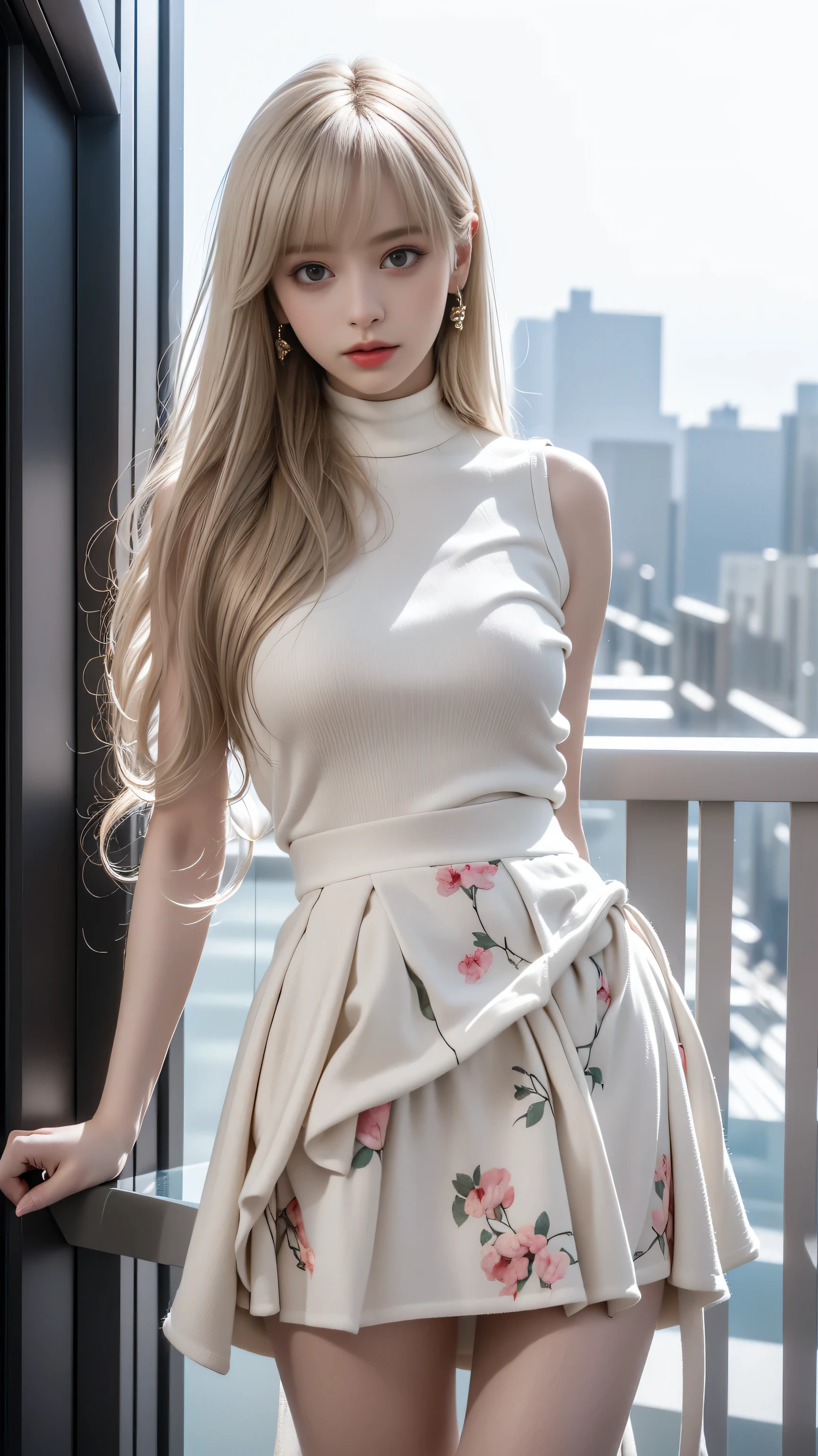((Woman Standing On Balcony Of Old Castle))、((Rear view)),((look back))、Highest quality works、Actual work、Ultra Premium Graphics、8K HD CG Works、High Quality Graphics、High-definition CG works、10x pixels、Ultra-fine detail:1. 1、High technical level:1.1 PhotoReal、Natural light:1. 5、Light Effects(Virtual Light Effects:1.8)、((Straight Van、Princess Van))、((Very Heavy、Volume Bang:1.1)、((Very Long、Very Heavy、Very Volume Side Lock:1. 1)、Hime cut、Straight bangs、Round face ugly bangs、Ugly long bangs、Bangs straight、(masterpiece、Highest quality:1.5)、(Ultra Fine 8K CG:1.4)、(Hyperreal:1.25)、(Real:1.1. 4)、((Golden white hair))、Thin eyebrows、High nose、Nice red lips、Rosy Cheeks、Delicate makeup face、Cute Face、Perfectly balanced face、()、A light-toned foundation enhances the clarity of your skin.。 ((Floral dress on white background))、((My skirt is flying up in the wind))、 ((White panties are visible)), 40k、photograph、、highest quality、(1. Beautiful eyes、Light Hair、White skin、Mr. Miss.々Pose、((Medium chest、:1.1))、Highest quality、Tabletop、Ultra-high resolution、(Real:1.4)、RAWphotograph、(Perfect Figure)、(slim、:1.3)。 3)、Slim abdomen、Perfect slim figure、Dynamic Pose、one person、Cold light 12000K、Very detailedな顔と肌の質感、detailed、Realistic eyes、Beautiful details、(Real Skin)、charm、Ultra-high resolution、超Real、Very detailed、
