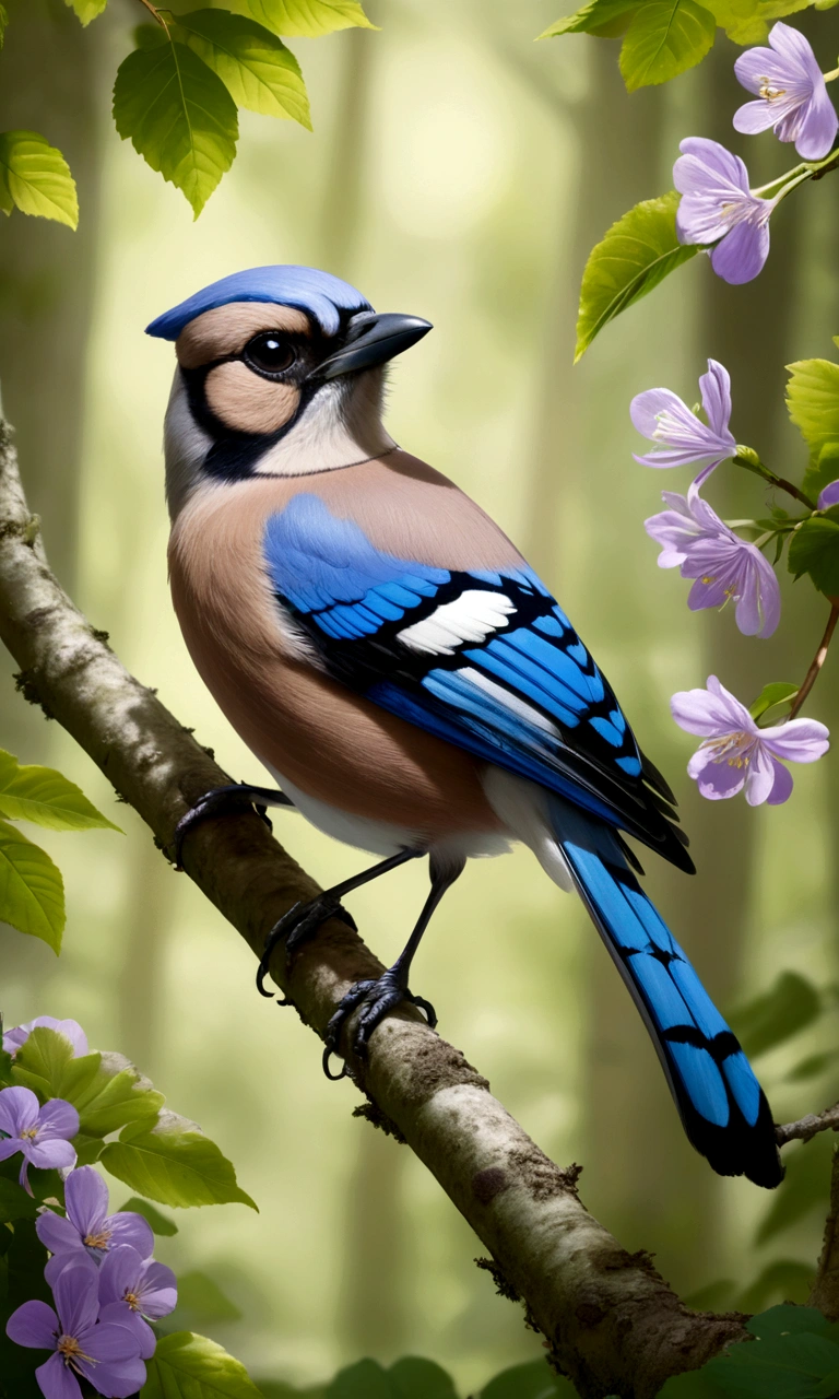 A cheerful Eurasian Jay perched on a branch in a sun-dappled beech forest, surrounded by delicate violets. The jay's bold black and white plumage contrasts beautifully with the lush greenery, making it a delightful subject for coloring enthusiasts of all ages.