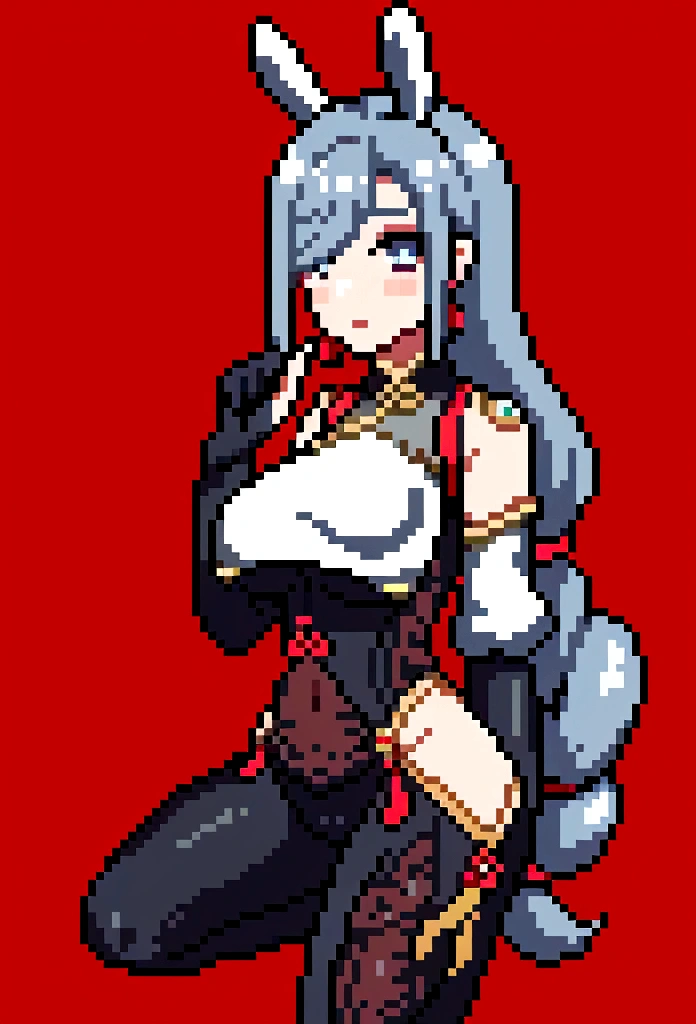 1girl, Shenhe, solo, long hair, blue eyes, gray hair, hair over one eye, hair ornament, large breasts, hair unbraided , very long hair, tassel, braided ponytail, gloves, black bodysuit, breast curtain, clothing cutout, black gloves, jewelry, earrings, shoulder cutout, covered navel, navel, blush, thighs, bare shoulders, china background, chinese street, Lantern Festival, big breast full body view, bunny suit
