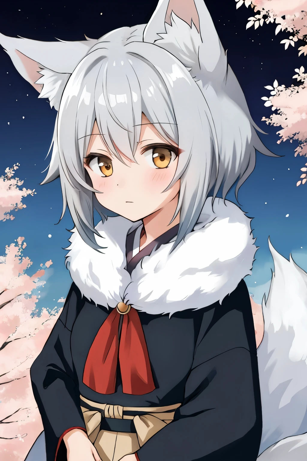 shy female anime kitsune with grey hair