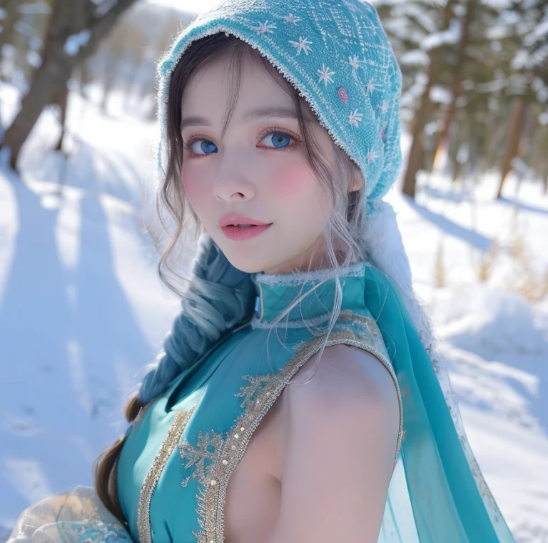 Beautiful girl, blue eyes, white hair, detailed facial traits, national turkic female dress, naked breasts, yurta behind, it's snowing