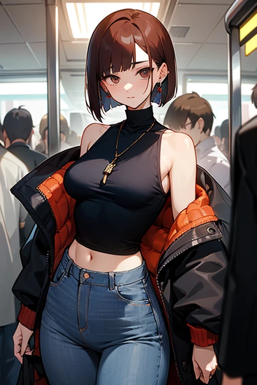 Reddish brown hair、Earrings、necklace、Sleeveless shirt、Shoulder Bare、turtleneck、sexy、Cowboy Shot、In a crowded train、Disheveled clothing、Office casual fashion、The inner string is visible、Asymmetrical design、Tight pants、Off-the-shoulder oversizedフォーマルな jacket、Voluminous bob cut、Asymmetrical hairstyle、High leg pants、jeans、Dark navy jeans、Sideboob、White top、Belly button、Sideboob