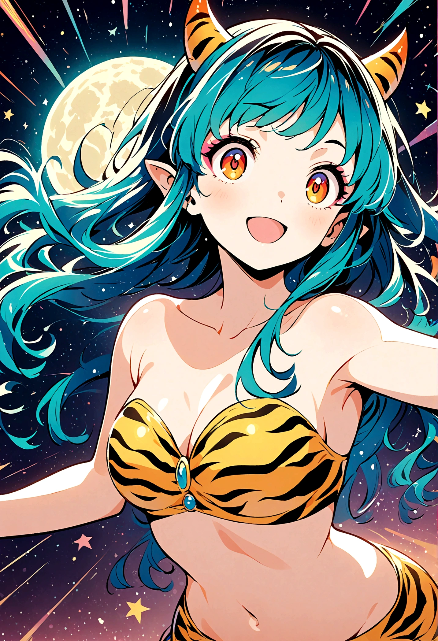 takahashi rumiko style,(1 girl,Lum,long hair,bangs,blue hair,orange eyes,horns,pointy ears,aqua hair,oni horns,(eyeshadow),navel, cleavage, swimsuit, bikini, strapless, animal print, yellow bikini, tiger print, strapless bikini,,the character Lum from "Urusei Yatsura",girly,bright smile,fine,Lum is floating in the air,(Jump:1.3),Bright and cheerful atmosphere,BREAK,(Creates a POP illustration style background,Background elements such as space or a starry sky,Outer space with the moon and stars floating in it,rich colors,colorful,(shooting star),draw with thick lines,Sparkling,unbelievably absurd,zentangle elements,vector art),beautiful light and shadow,BREAK,(masterpiece:1.3),(highest quality:1.4),(ultra detailed:1.5),High resolution,extremely detailed,unity 8k wallpaper,(complicated details),absurdity,(Glitter),anatomically correct,cute