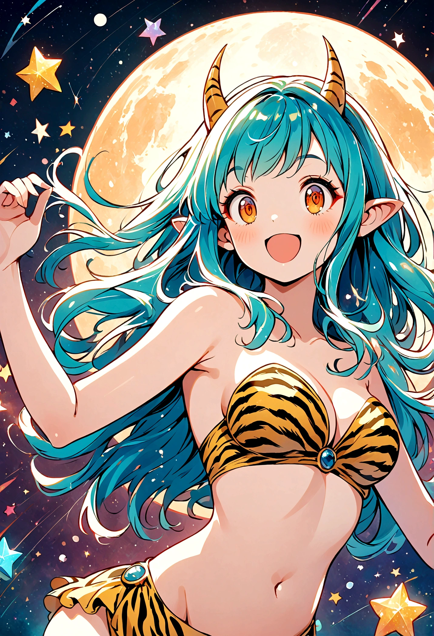 takahashi rumiko style,(1 girl,Lum,long hair,bangs,blue hair,orange eyes,horns,pointy ears,aqua hair,oni horns,(eyeshadow),navel, cleavage, swimsuit, bikini, strapless, animal print, yellow bikini, tiger print, strapless bikini,,the character Lum from "Urusei Yatsura",girly,bright smile,fine,Lum is floating in the air,(Jump:1.3),Bright and cheerful atmosphere,BREAK,(Creates a POP illustration style background,Background elements such as space or a starry sky,Outer space with the moon and stars floating in it,rich colors,colorful,(shooting star),draw with thick lines,Sparkling,unbelievably absurd,zentangle elements,vector art),beautiful light and shadow,BREAK,(masterpiece:1.3),(highest quality:1.4),(ultra detailed:1.5),High resolution,extremely detailed,unity 8k wallpaper,(complicated details),absurdity,(Glitter),anatomically correct,cute