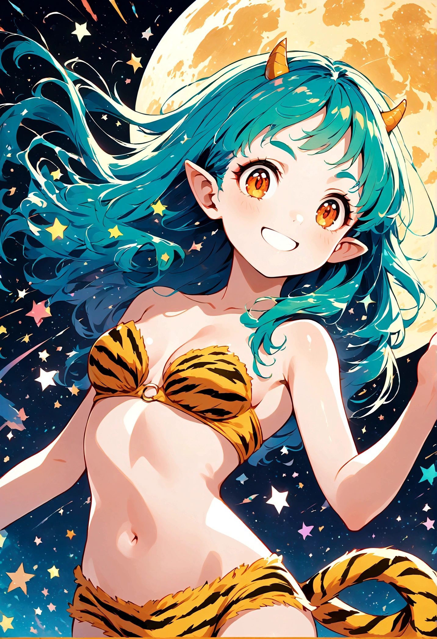 takahashi rumiko style,(1 girl,Lum,long hair,bangs,blue hair,orange eyes,horns,pointy ears,aqua hair,oni horns,(eyeshadow),navel, cleavage, swimsuit, bikini, strapless, animal print, yellow bikini, tiger print, strapless bikini,,the character Lum from "Urusei Yatsura",girly,bright smile,fine,Lum is floating in the air,(Jump:1.3),Bright and cheerful atmosphere,BREAK,(Creates a POP illustration style background,Background elements such as space or a starry sky,Outer space with the moon and stars floating in it,rich colors,colorful,(shooting star),draw with thick lines,Sparkling,unbelievably absurd,zentangle elements,vector art),beautiful light and shadow,BREAK,(masterpiece:1.3),(highest quality:1.4),(ultra detailed:1.5),High resolution,extremely detailed,unity 8k wallpaper,(complicated details),absurdity,(Glitter),anatomically correct,cute