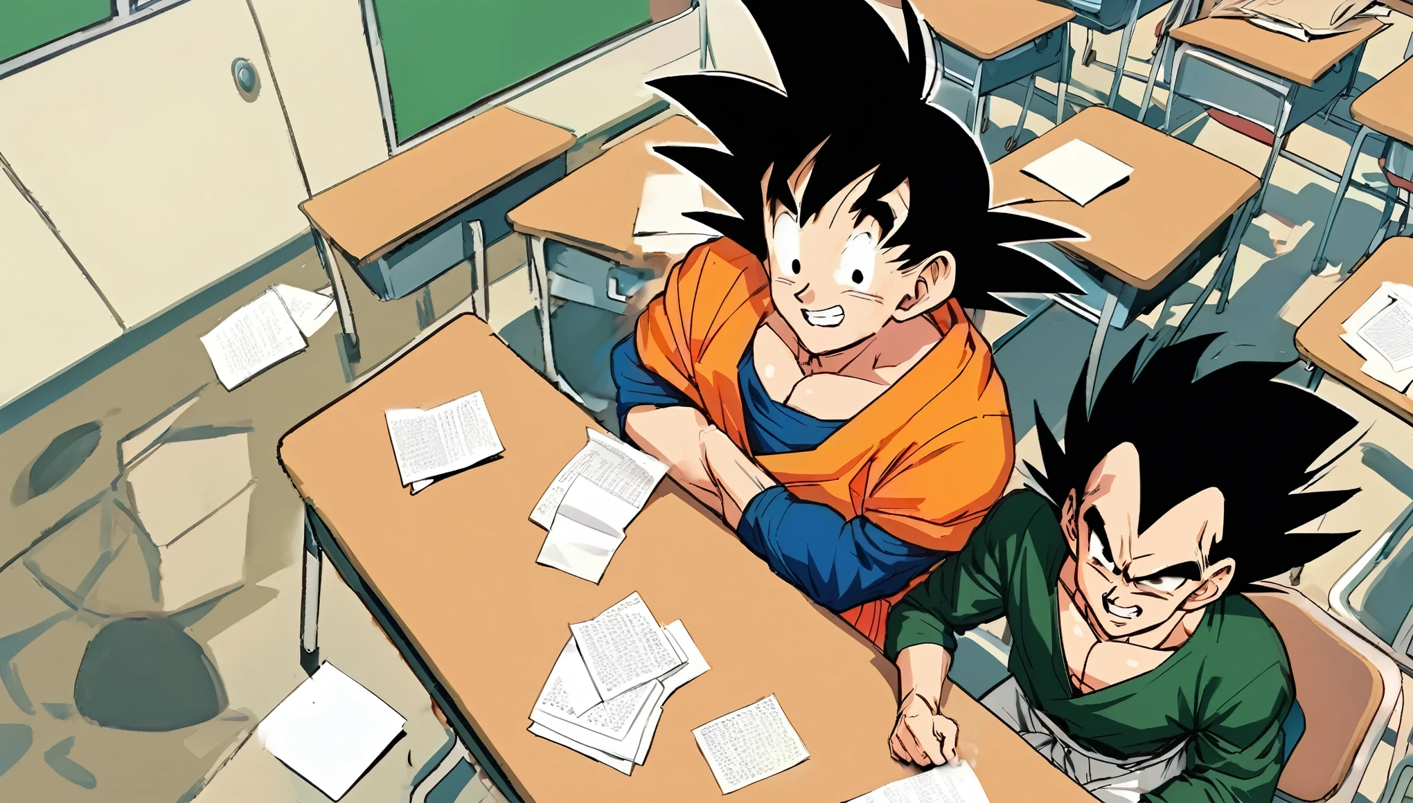 ART OF DRAGON BALL\(by Akira Toriyama\), Goku\(very confused face,crossing arms\) is sitting at a desk taking a paper test, Vegeta\(very angry,(big black eyes:1.3)\) is sitting at a desk taking a paper test, at school classroom, from above