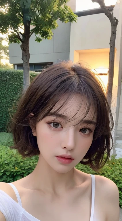((Realistic lighting, best quality, 8K, masterpiece: 1.3)), Be focused: 1.2, 1 Girl, perfect beauty: 1.4, Slim abs: 1.1, ((Dark brown hair)), (White short top: 1.4), (outdoor, night: 1.1), Park View, Very delicate face, beautiful eyes, Double eyelids,full-body shot