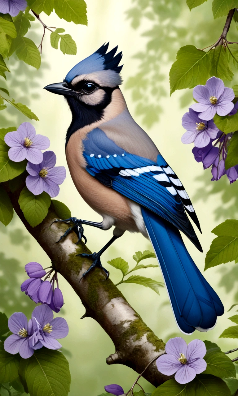 As a coloring book, black and white colors and borders should be simple, clear, distinct, and thick lines. A cheerful Eurasian Jay perched on a branch in a sun-dappled beech forest, surrounded by delicate violets. The jay's bold black and white plumage contrasts beautifully with the lush greenery, making it a delightful subject for coloring enthusiasts of all ages.