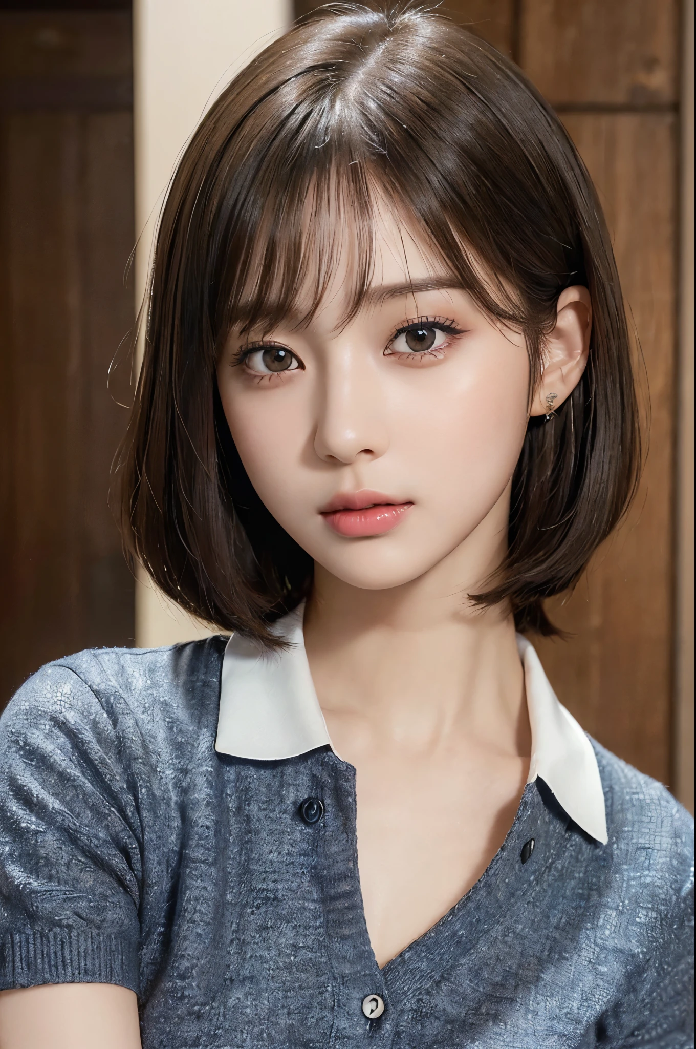 ((detailed and super high quality:1.3)),((Realistic and super high quality:1.3)),((Photorealism:1.3)),((Extremely realistic texture:1.3)), Japanese、Fair and beautiful skin、((Beautiful straight bob hair:1.5))、((Super detailed face))Attention to detail、double eyelid、Sharp focus:1.2 Light Brown Hair、最high quality、超A high resolution、(From photorealism:1.4)、Very detailed and professionally lit smiles、Gentle expression、((Half-open lips:1.3)) Very elegant and intelligent Stylish and neat Trending Fashion ((Dark navy Luxury short sleeve knit polo shirt))、((21 years old:1.3)) ((Realistic skin texture:1.5)) Amazing close-up of a very beautiful face Beautiful school girl Beautiful bob hair all the way to the ends Slim figure ((cute:1.3)) (detailed, high quality, Realistic depiction of eyes:1.3)