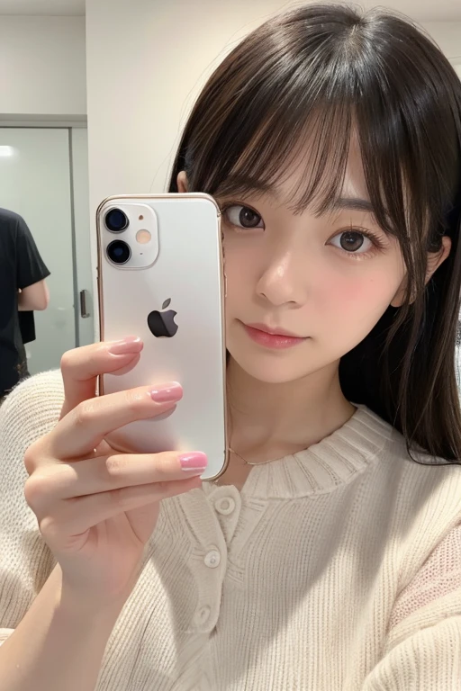 Pico bangs selfie。cute woman in front of mirror, white tender skin, firm face, japanese woman, iphone, hand details