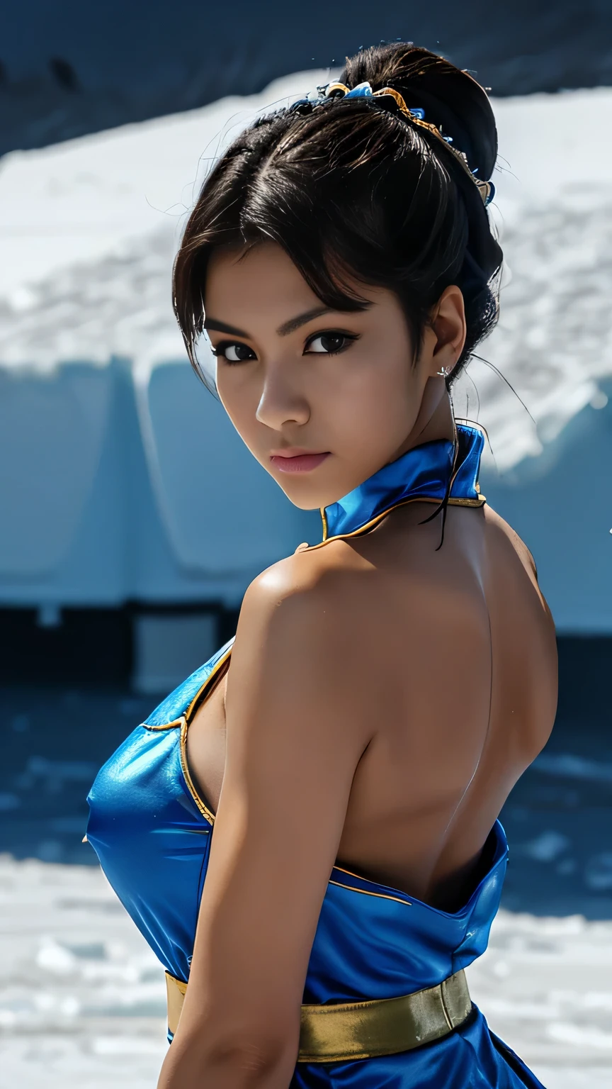 《Street Fight II》Chunli, Perfect Chunli Costume, Blue and gold Chinese dress, Bunhead, Combat Stance, ((High kick, kick、Please put your feet up)), 1 beautiful girl、Beautiful Eyes、Detailed eyes, (reality: 1.4), Light、so beautiful、Beautiful Skin、Detailed skin, (Ultra-realistic)、(8k)、(Very detailed)、(Beautiful Eyes)、(Very detailed)、 (wall-)、Delicate face、Bright Light、Professional Lighting、direct view、Perfect Face, Perfect brown eyes with white sclera, Lonely, 1 girl, Upper Body, Brown Hair, Muscular woman, Blue clothes, Pelvic Curtain, Short sleeve, Good cover, evaluate: The line of sight is thiasterpiece, 最high quality, high quality, High resolution, Big Tits, (((Antarctic background))), (High kick),