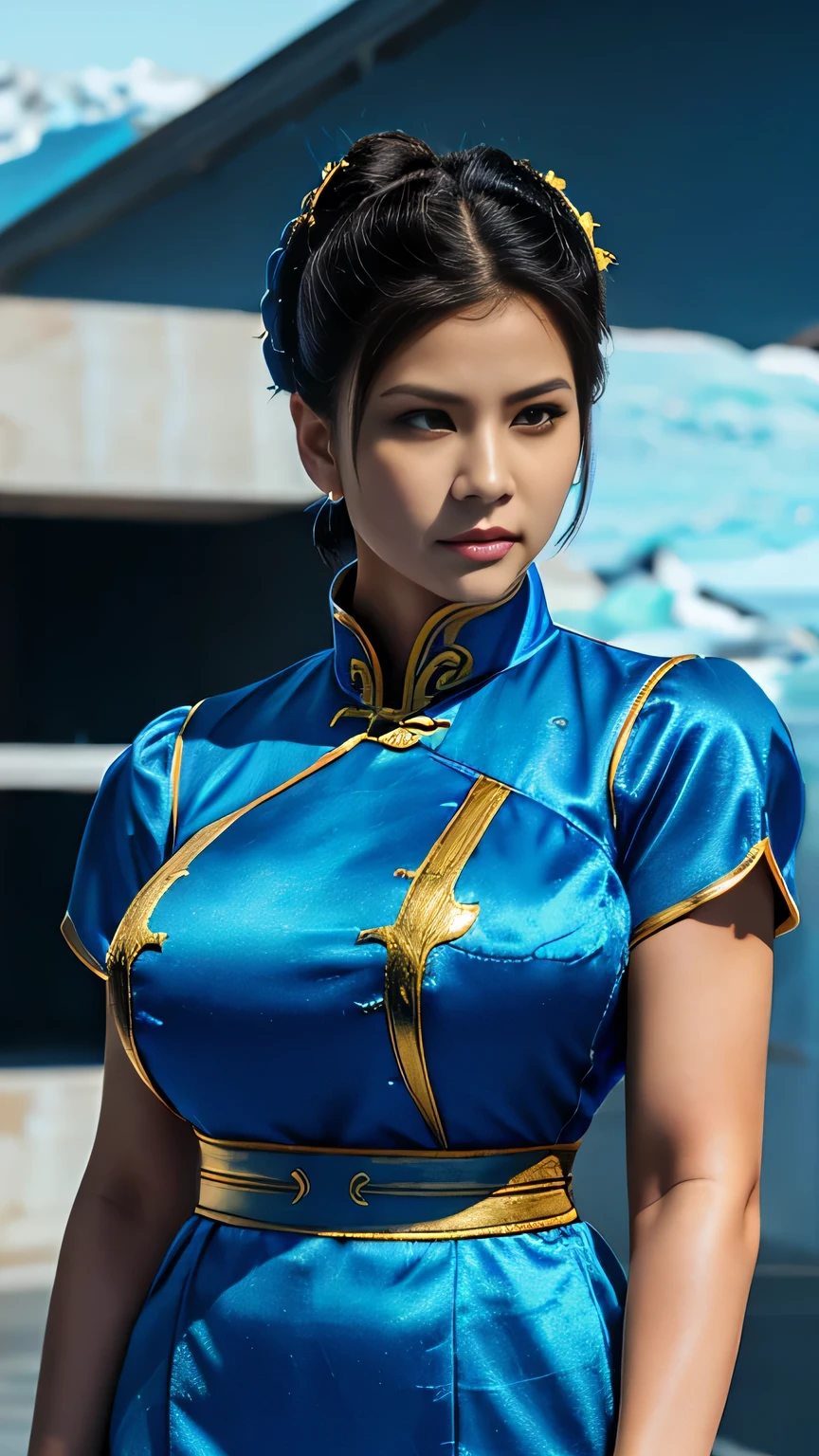 《Street Fight II》Chunli, Perfect Chunli Costume, Blue and gold Chinese dress, Bunhead, Combat Stance, High kick, kick、Please put your feet up, 1 beautiful girl、Beautiful Eyes、Detailed eyes, (reality: 1.4), Light、so beautiful、Beautiful Skin、Detailed skin, (Ultra-realistic)、(8k)、(Very detailed)、(Beautiful Eyes)、(Very detailed)、 (wall-)、Delicate face、Bright Light、Professional Lighting、direct view、Perfect Face, Perfect brown eyes with white sclera, Lonely, 1 girl, Upper Body, Brown Hair, Muscular woman, Blue clothes, Pelvic Curtain, Short sleeve, Good cover, evaluate: The line of sight is thiasterpiece, 最high quality, high quality, High resolution, Big Tits, (((Antarctic background))), (High kick),