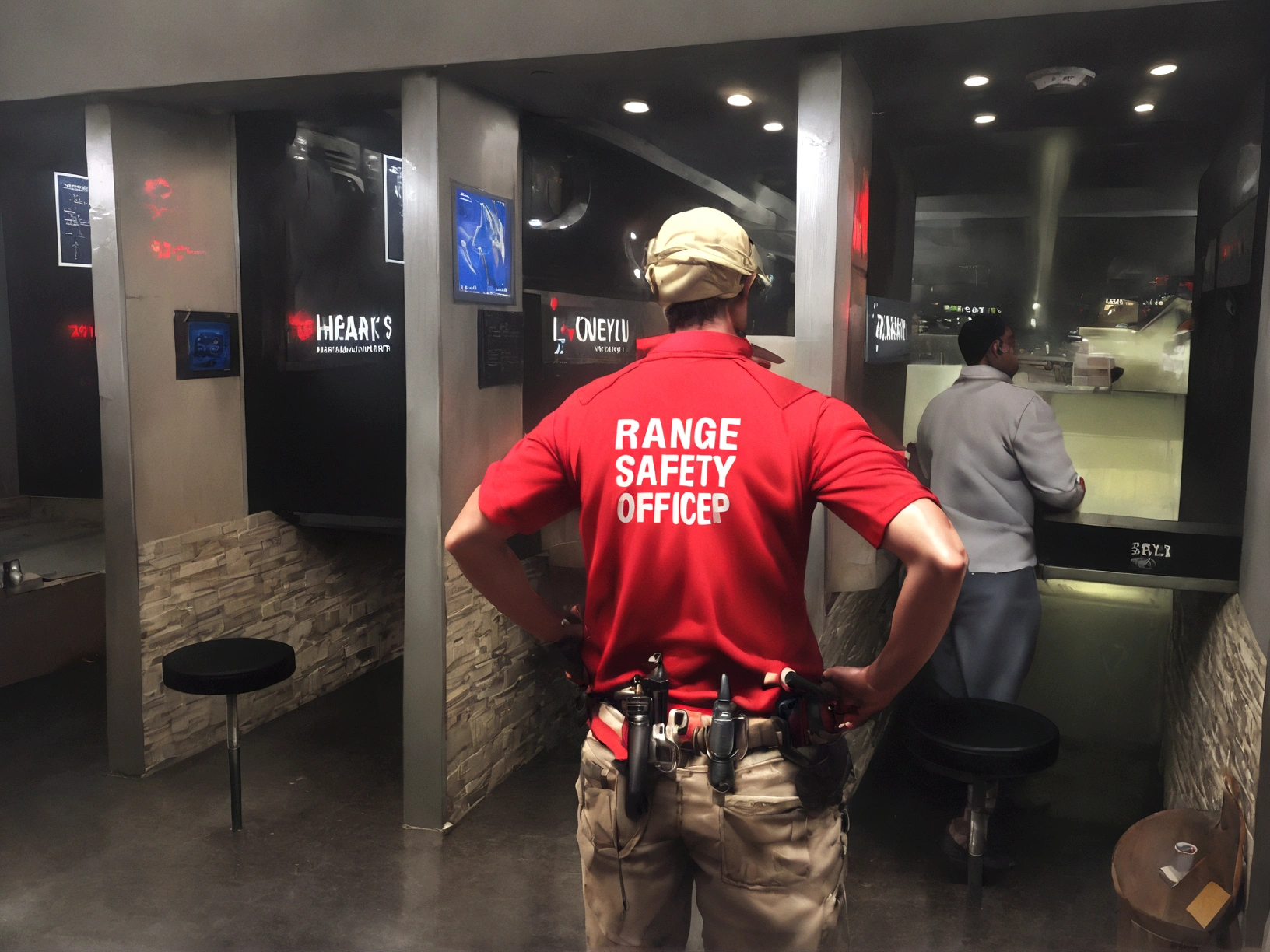 arafed man in a red shirt standing in front of a counter, mid range shot, medium level shot, handling riffle on chest, medium range, full-body shot, full - body shot, shoulder level shot, full body in shot, full-body-shot, over-shoulder shot, by Randy Post, full body length shot, full body shot