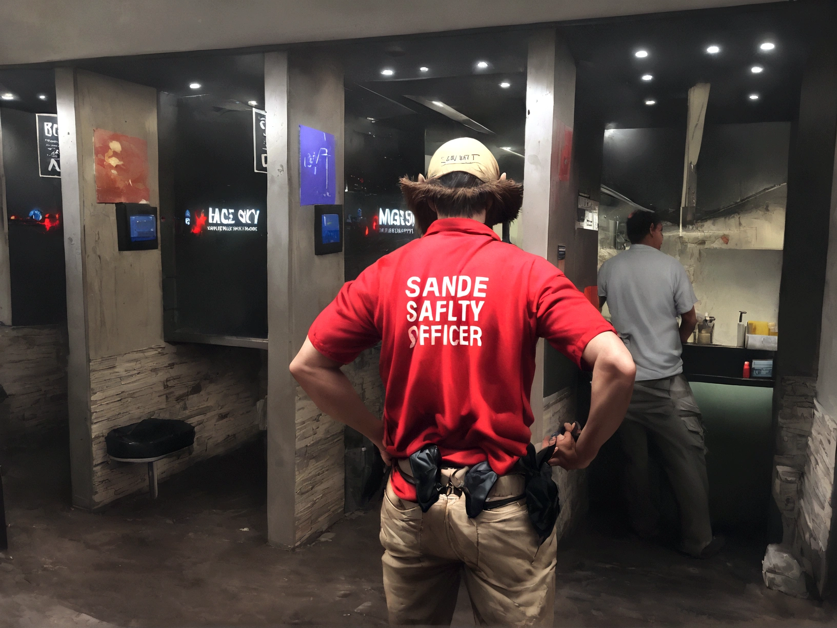 arafed man in a red shirt standing in front of a counter, mid range shot, medium level shot, handling riffle on chest, medium range, full-body shot, full - body shot, shoulder level shot, full body in shot, full-body-shot, over-shoulder shot, by Randy Post, full body length shot, full body shot