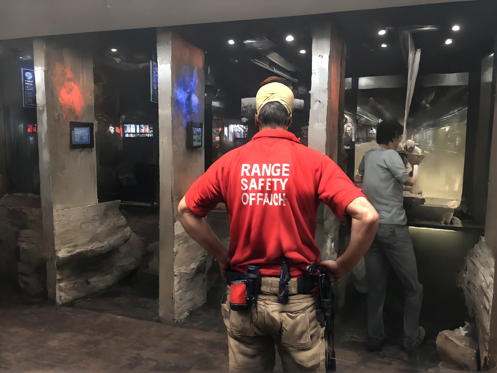arafed man in a red shirt standing in front of a counter, mid range shot, medium level shot, handling riffle on chest, medium range, full-body shot, full - body shot, shoulder level shot, full body in shot, full-body-shot, over-shoulder shot, by Randy Post, full body length shot, full body shot